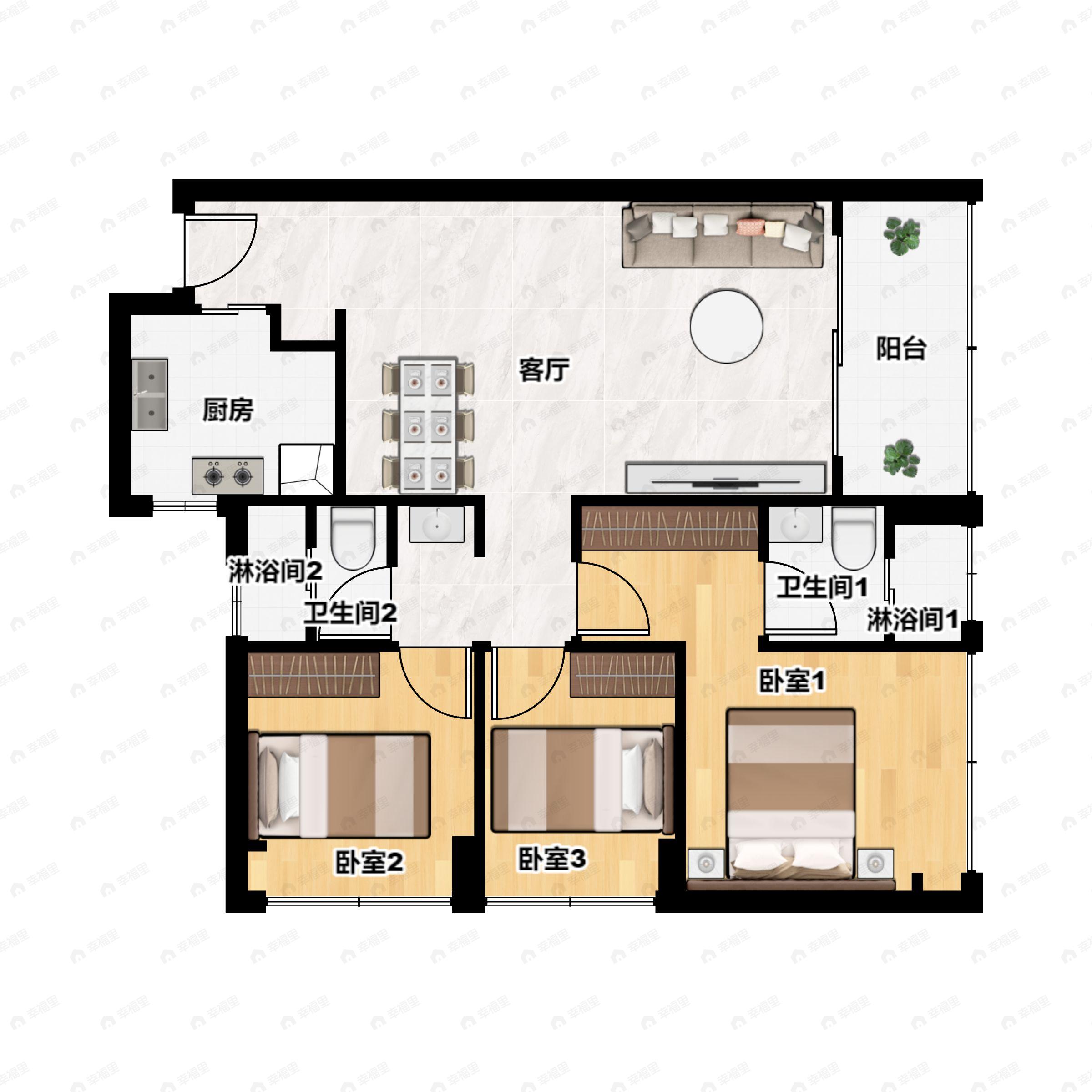 3室2厅2卫建面96平户型图
