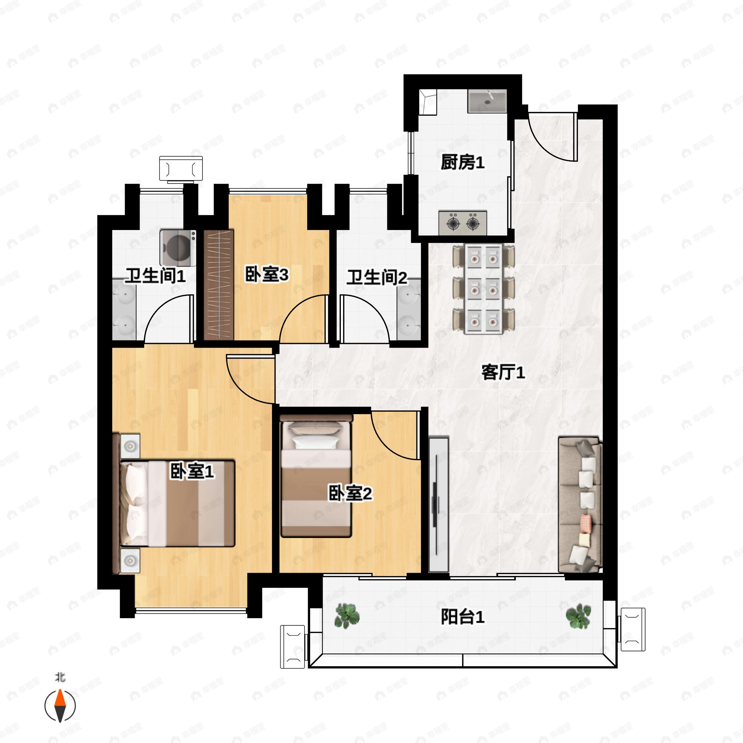 3室2厅2卫建面95平南户型图