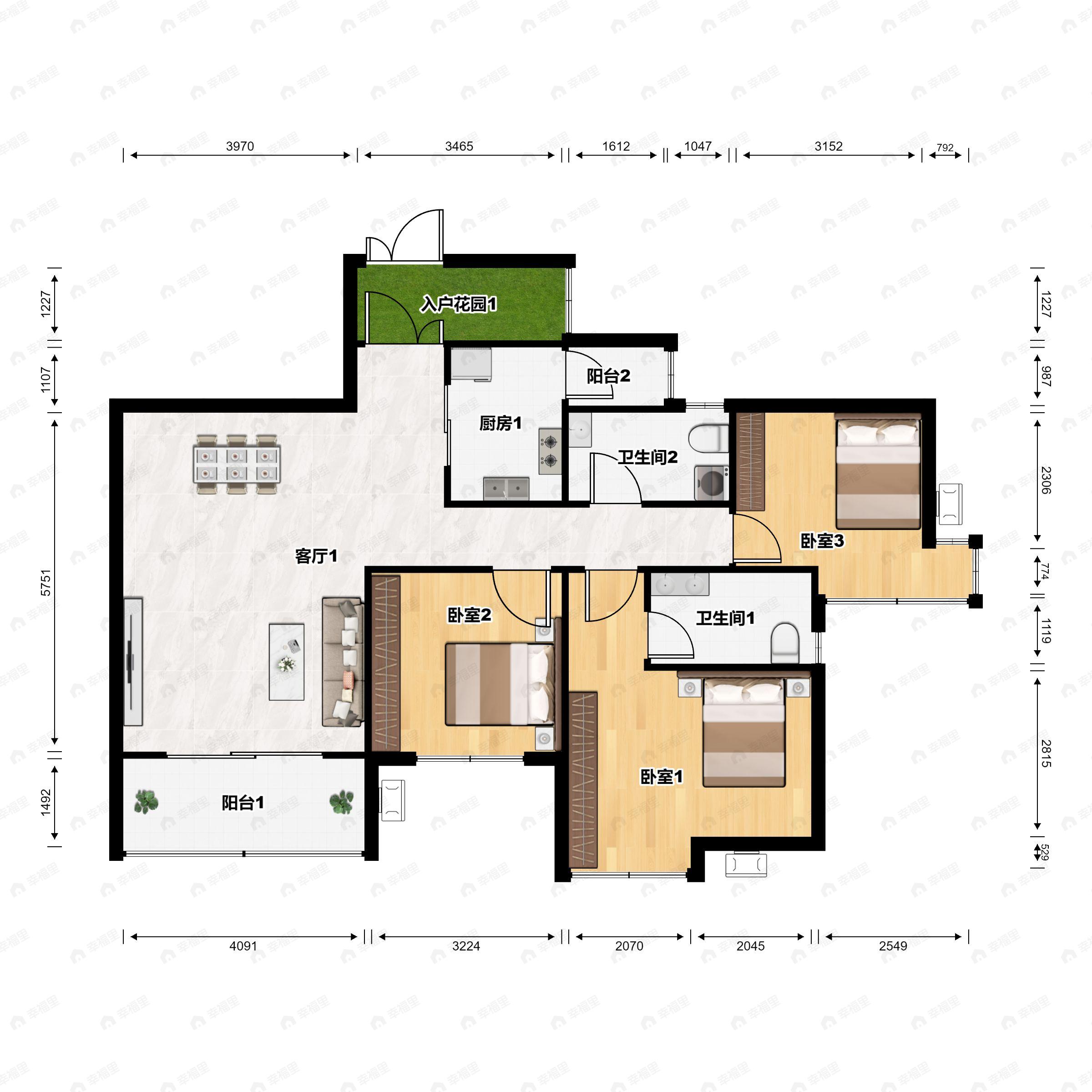 3室2厅2卫建面110平南户型图