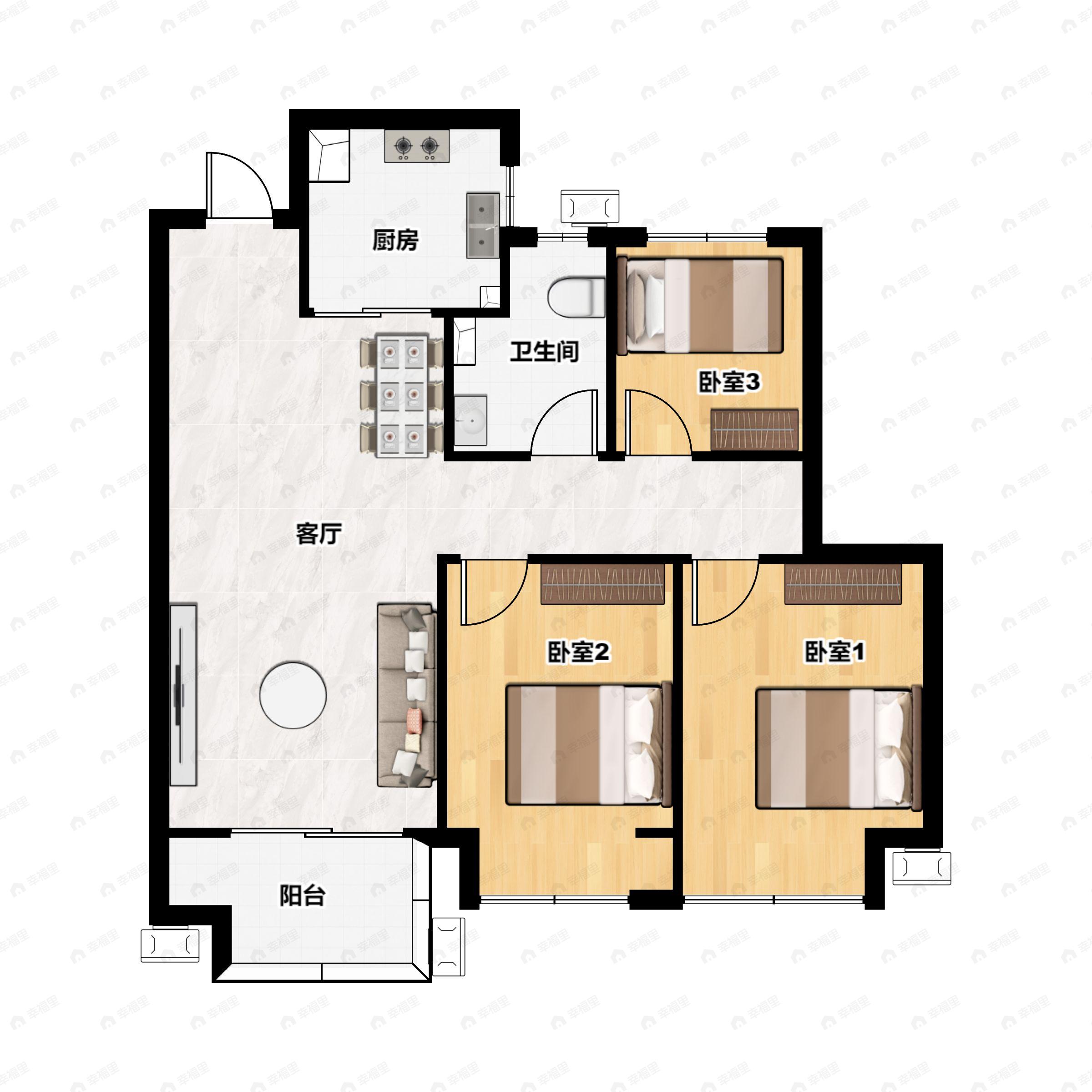 3室2厅1卫建面89平南户型图
