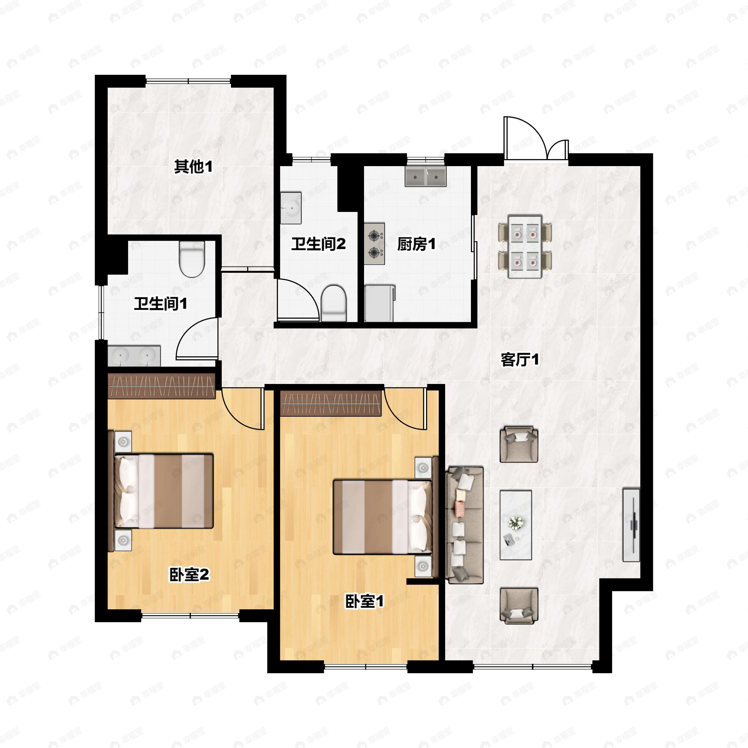 2室2厅2卫建面120m²南户型图