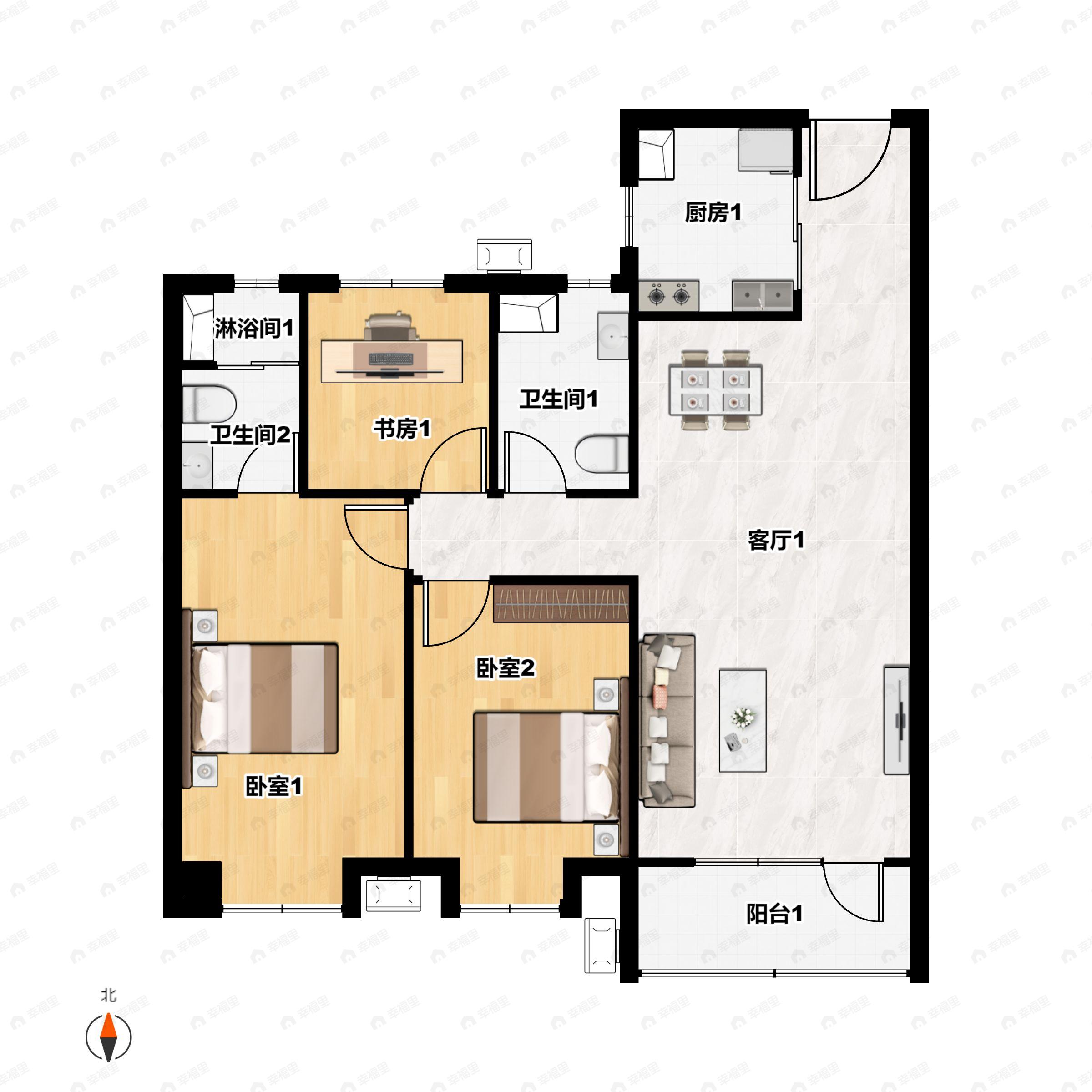 3室2厅2卫建面125平户型图