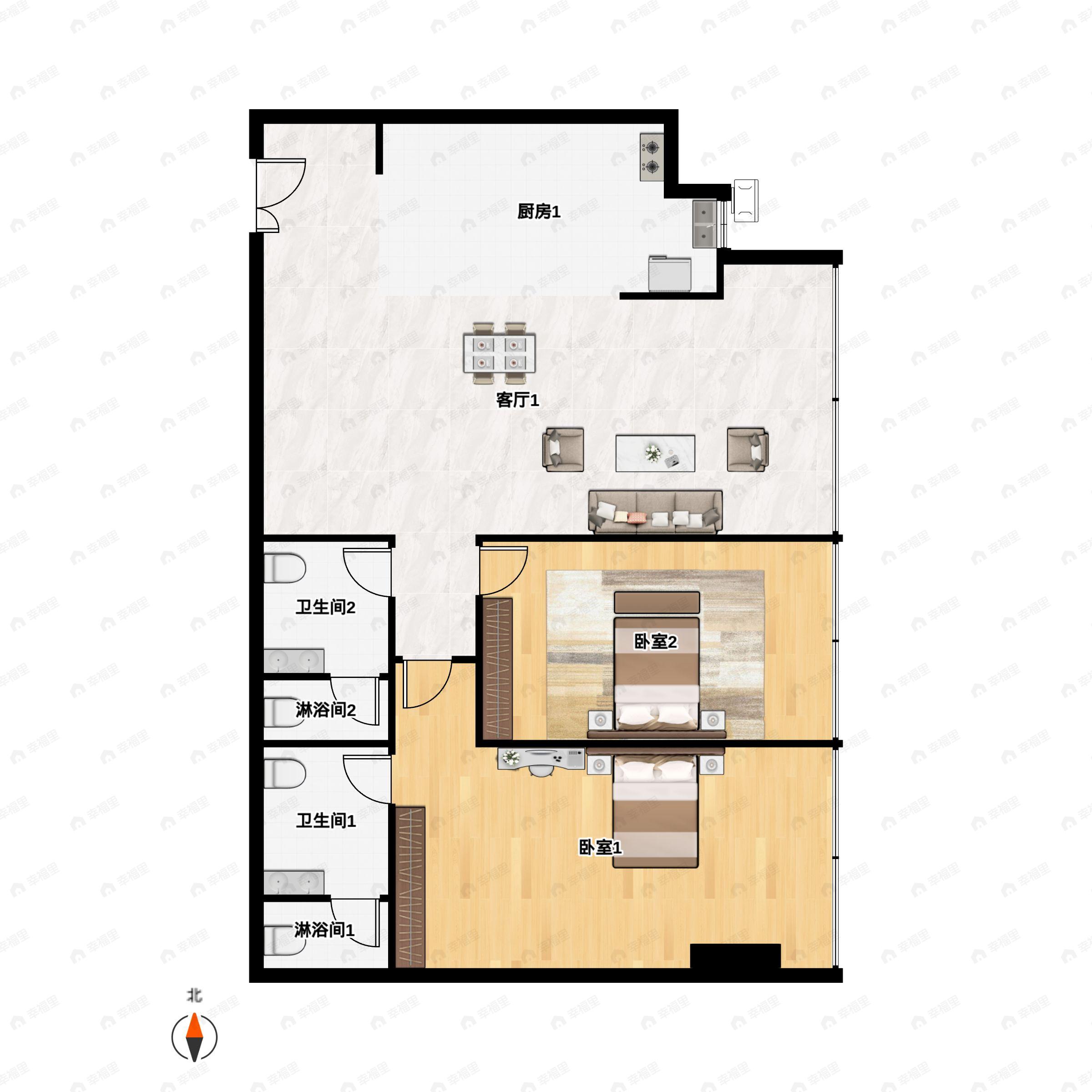 2室2厅2卫建面134平南|北户型图