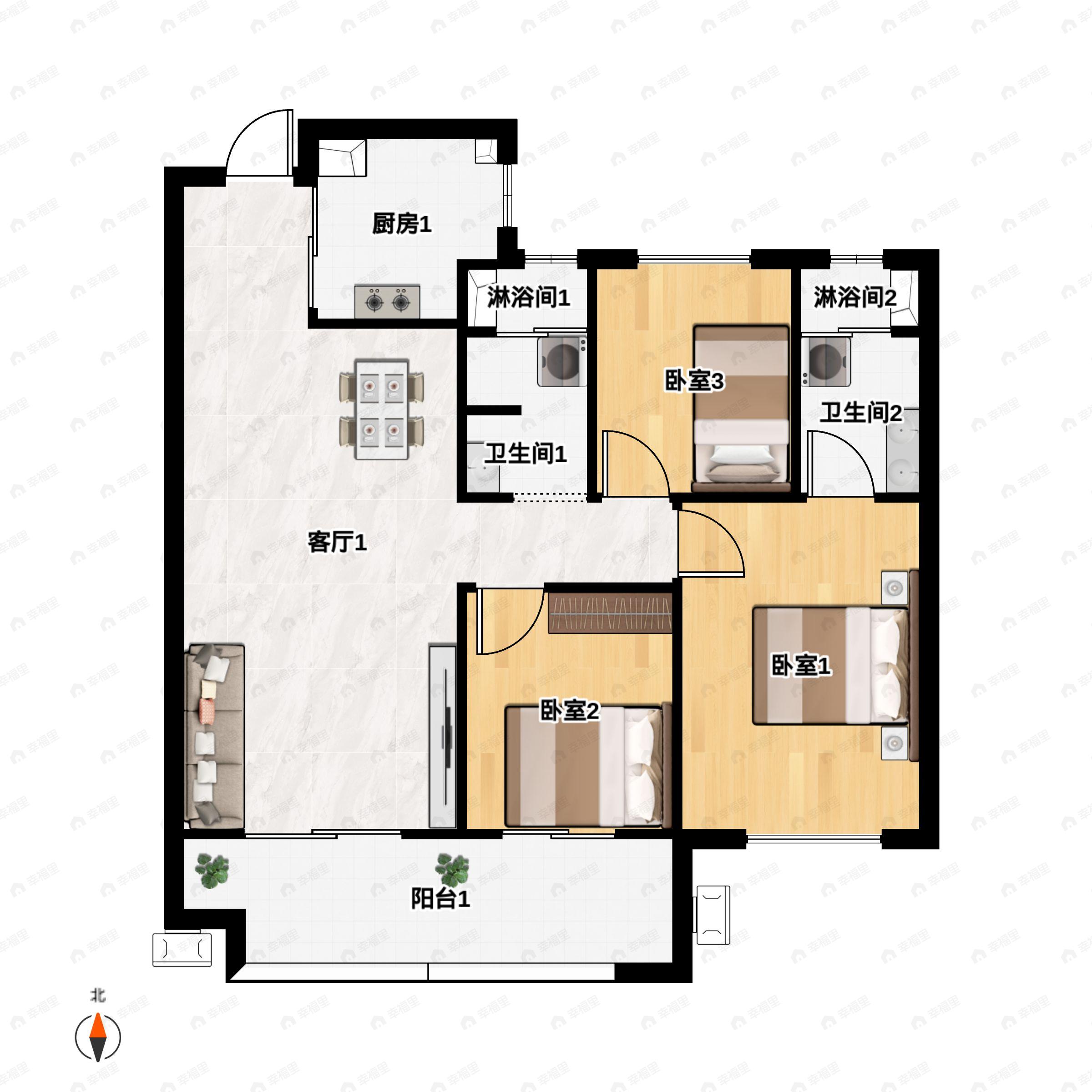 3室2厅2卫建面113平北户型图