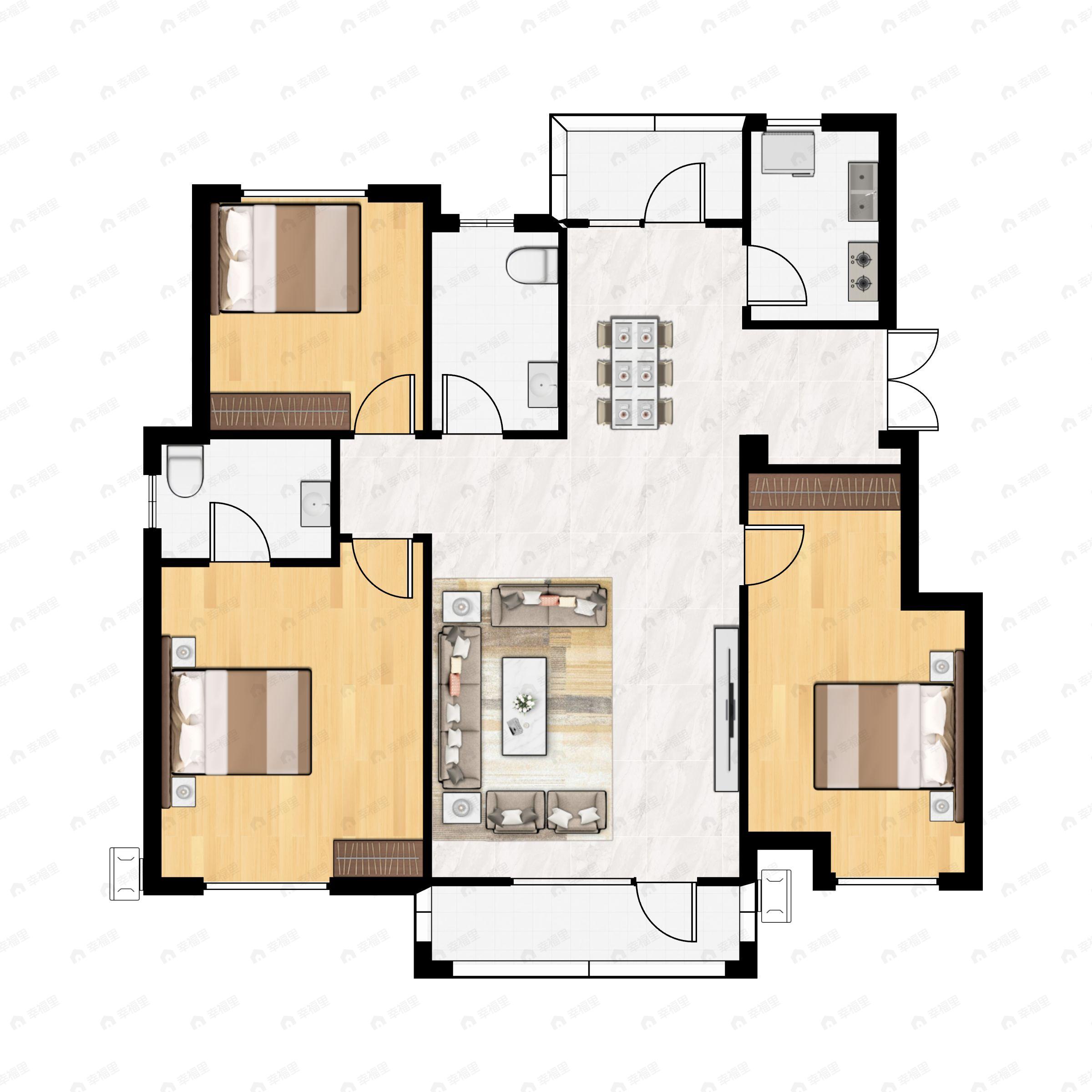 3室2厅2卫建面120平南户型图