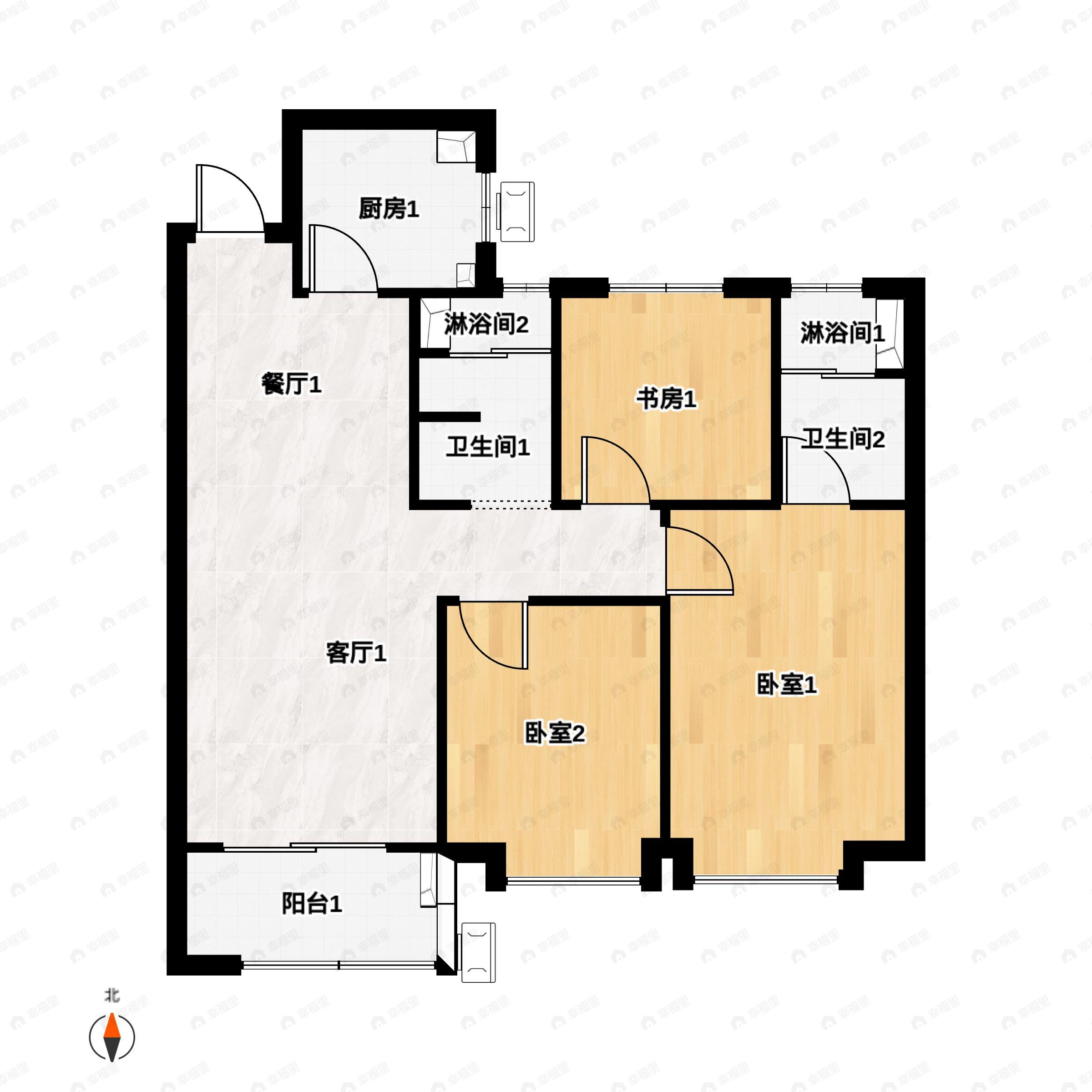 3室2厅2卫建面100平南户型图