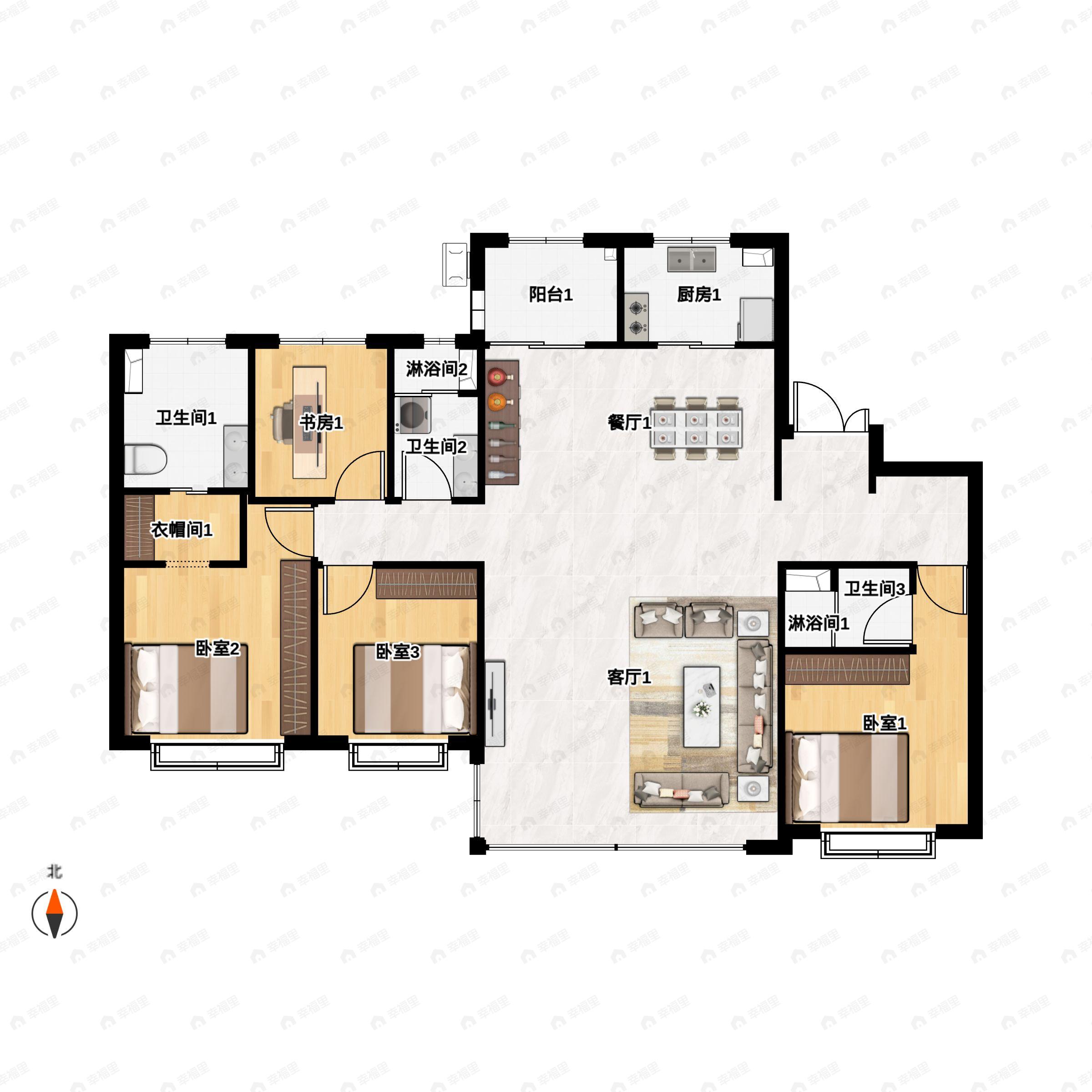 4室2厅3卫建面206m²南户型图