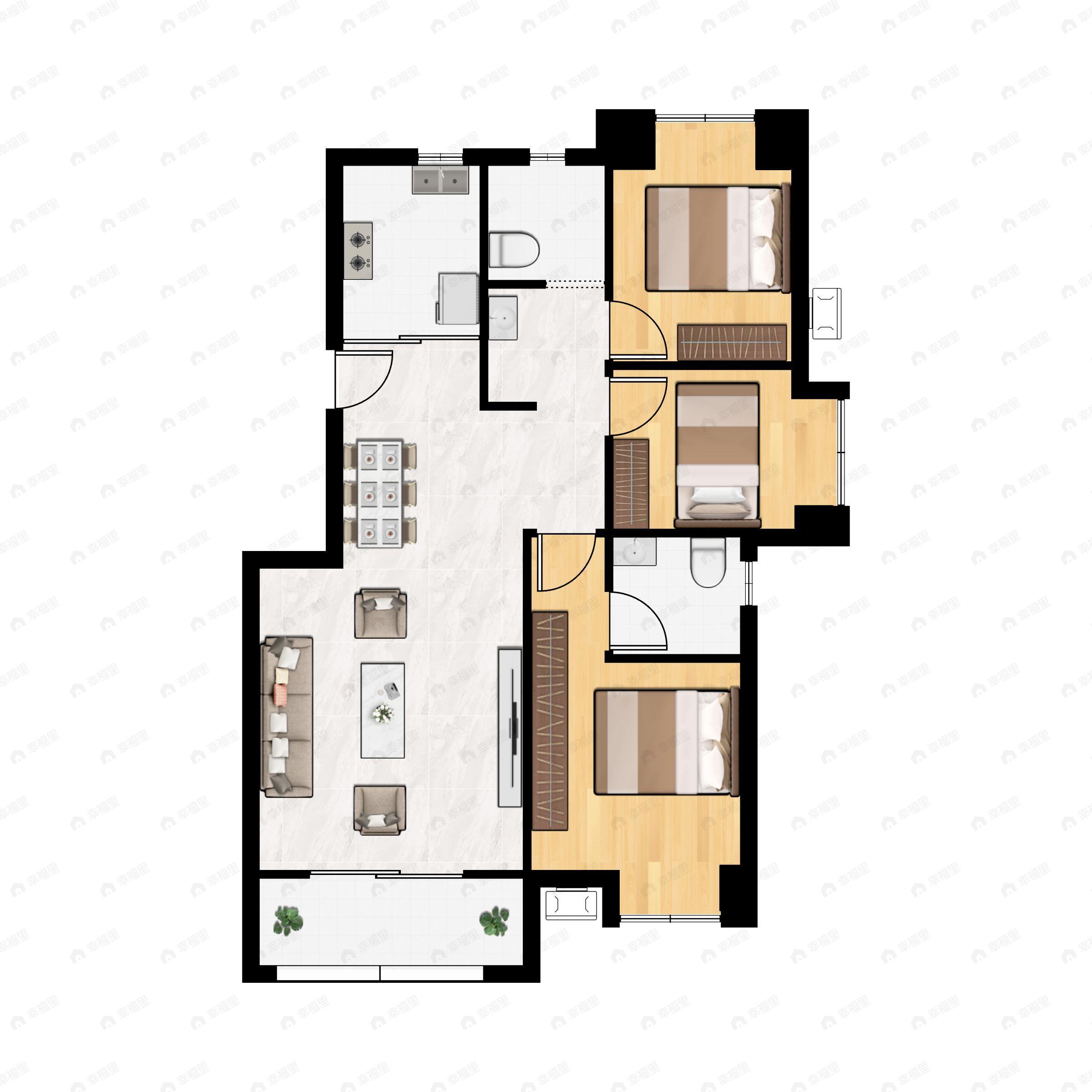 3室2厅2卫建面106m²南户型图