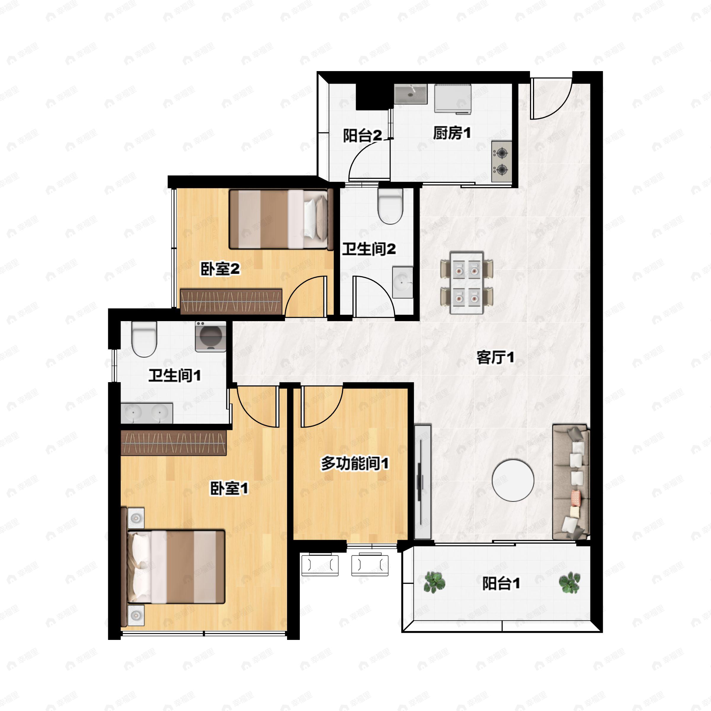 3室2厅2卫建面91平户型图