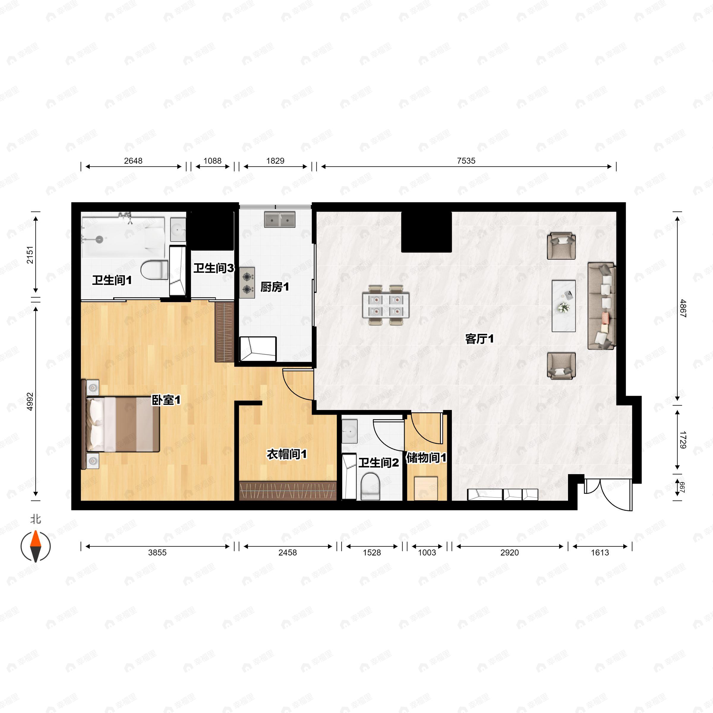 1室2厅2卫建面142平北户型图