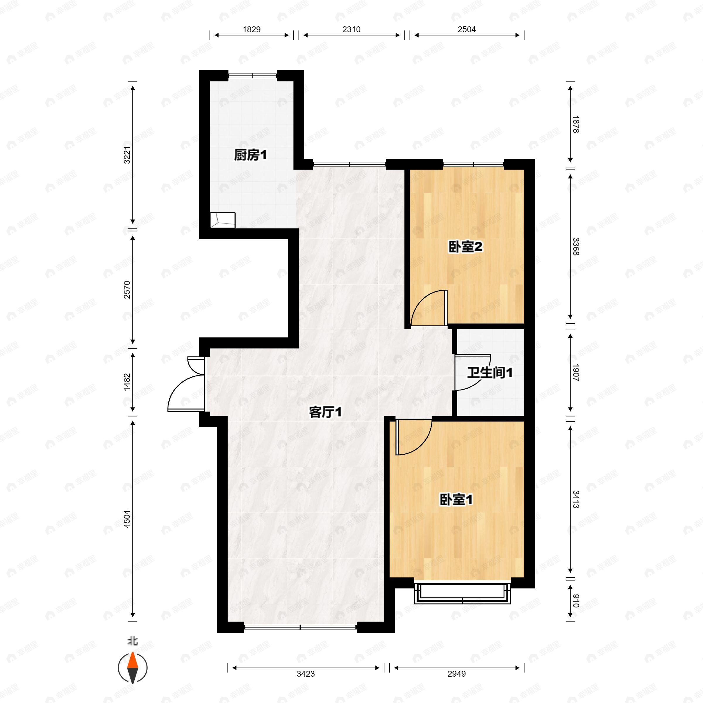 2室2厅1卫建面109平北|南户型图