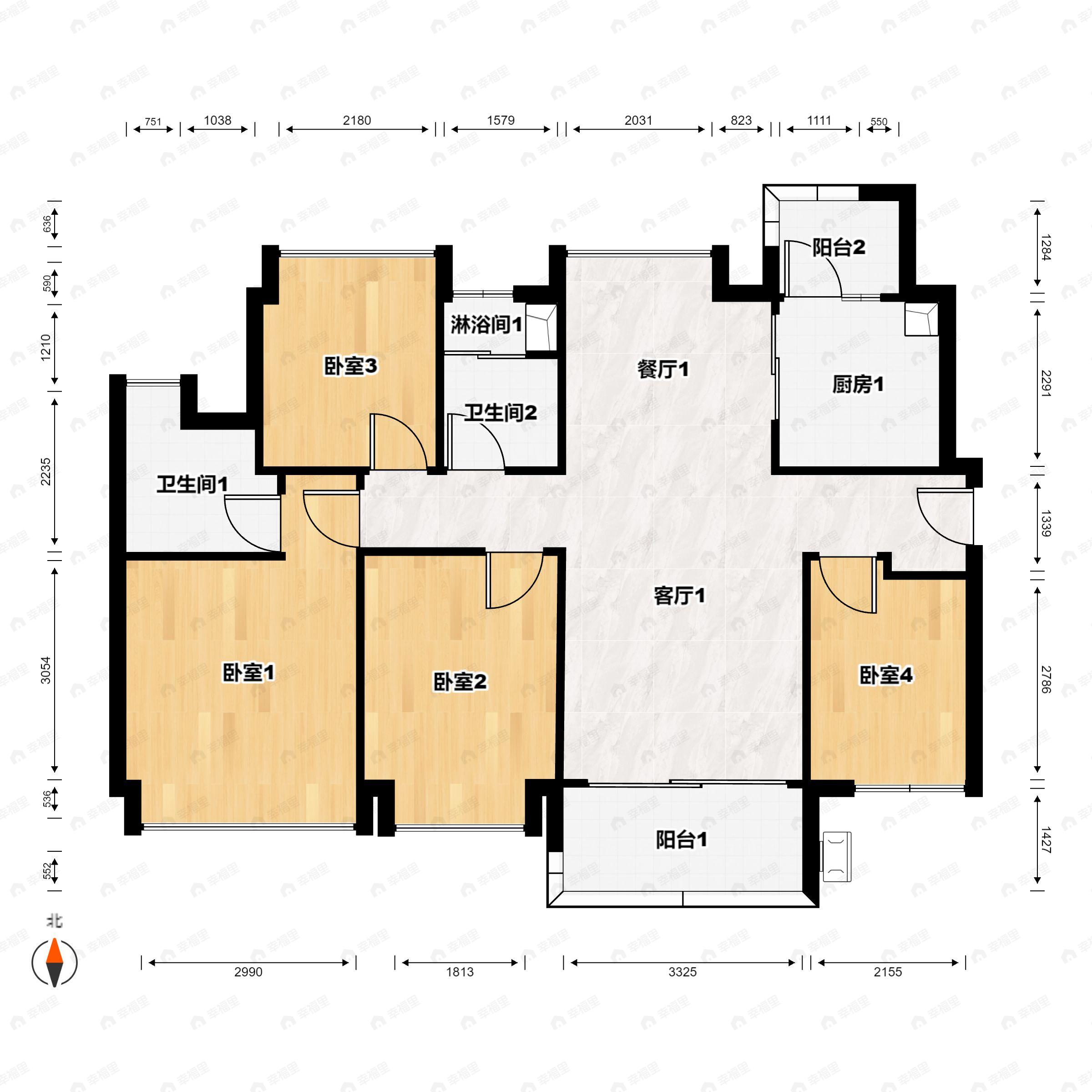 4室2厅2卫建面114m²南户型图