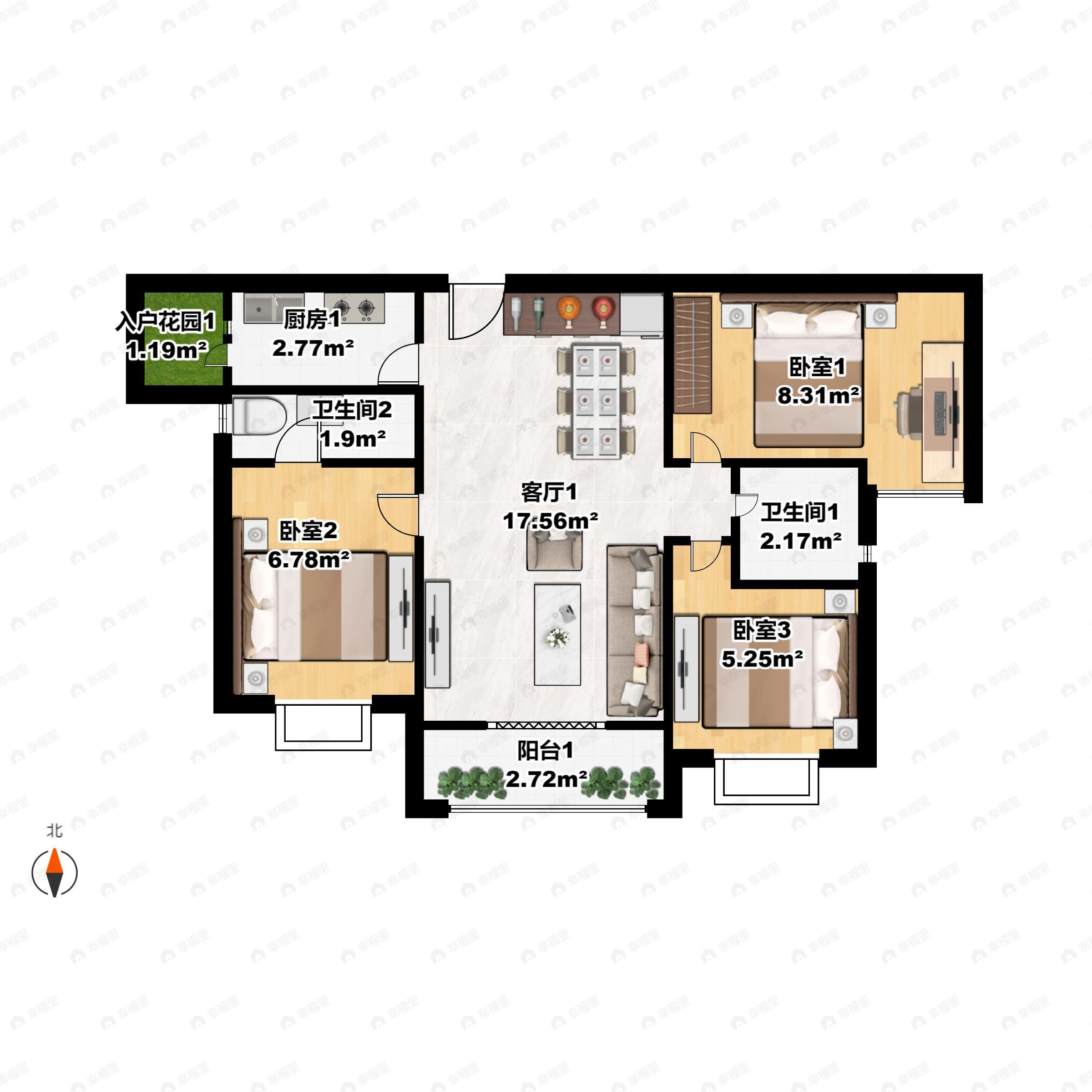 3室2厅2卫建面136平南户型图