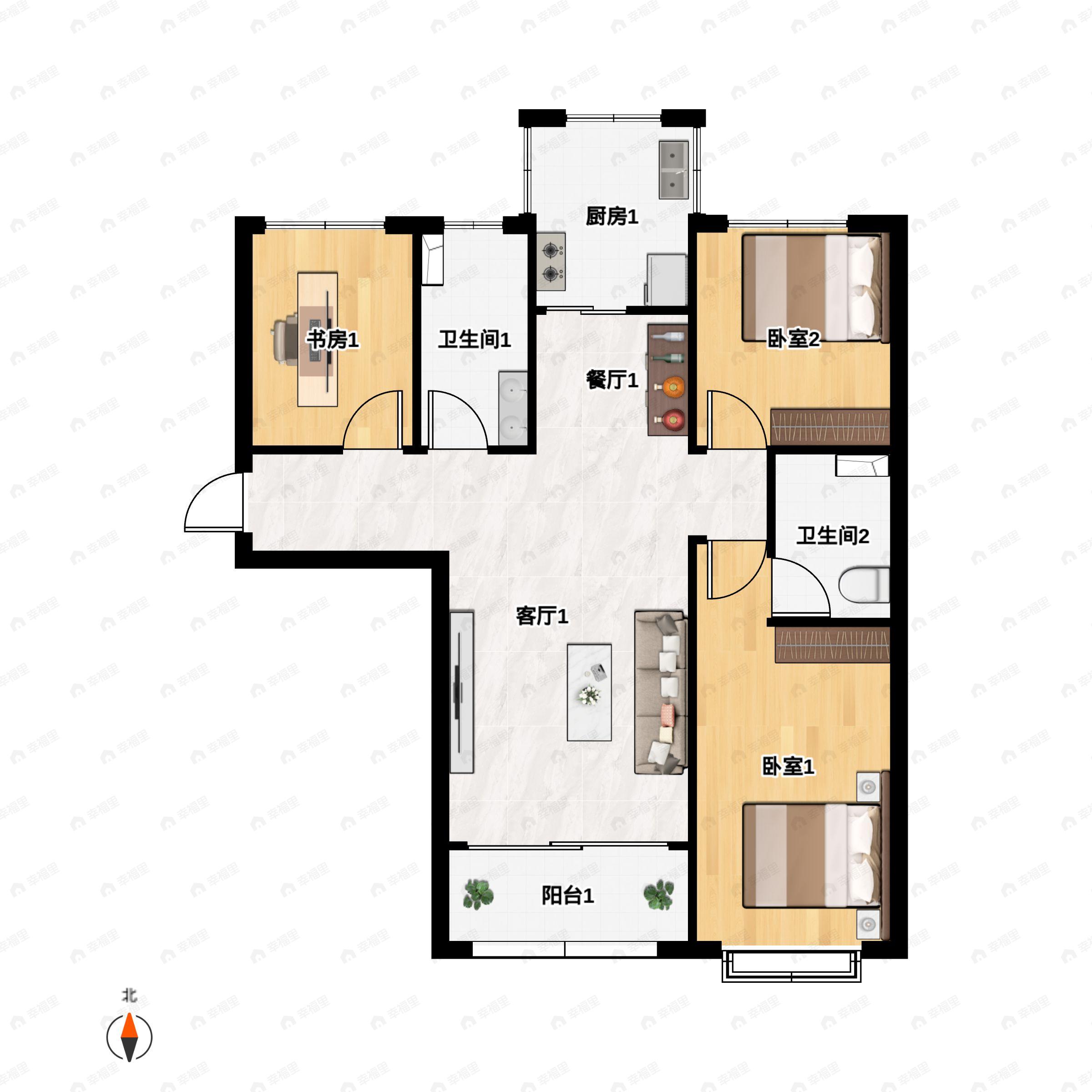 3室2厅2卫建面115平南|北户型图