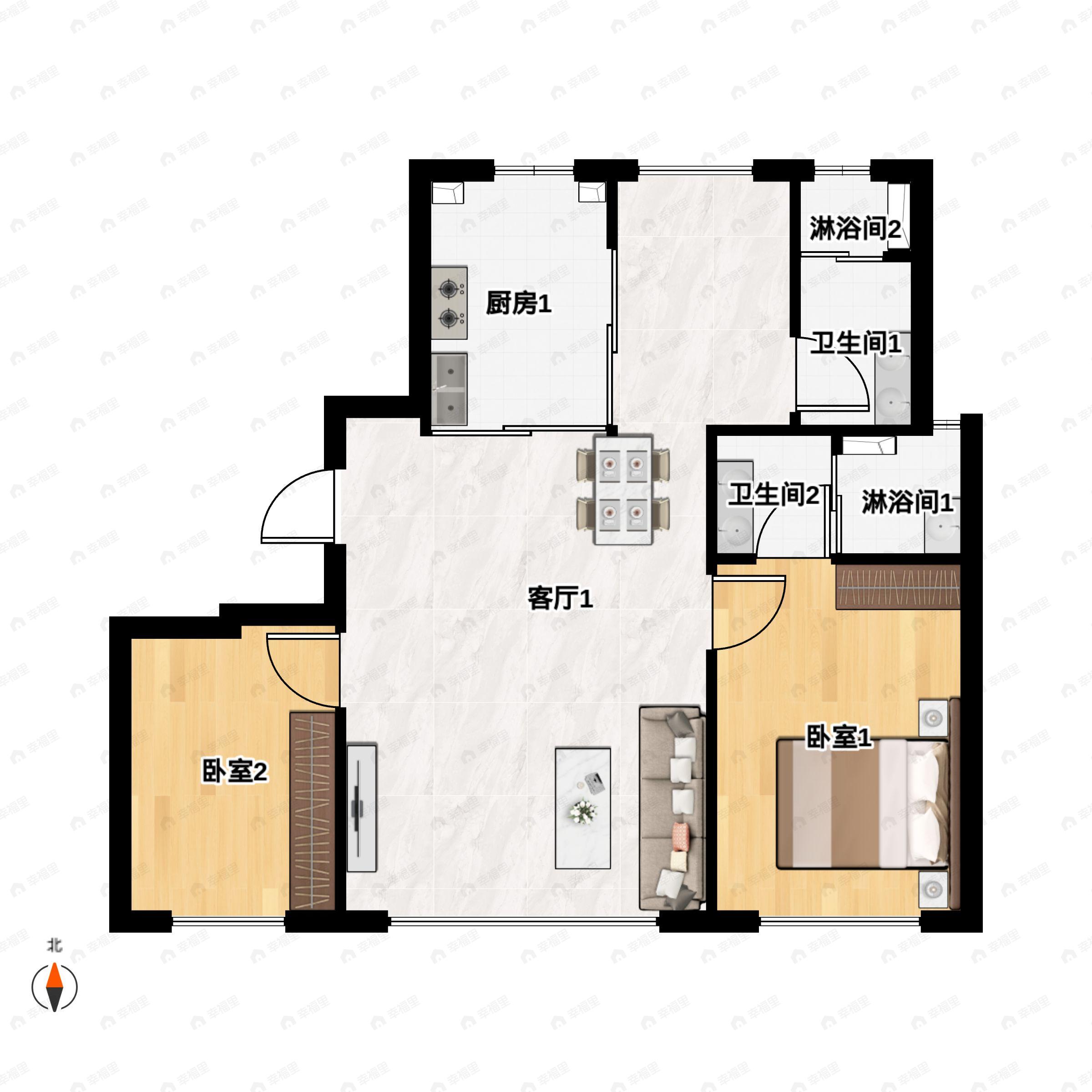 2室3厅2卫建面128平户型图