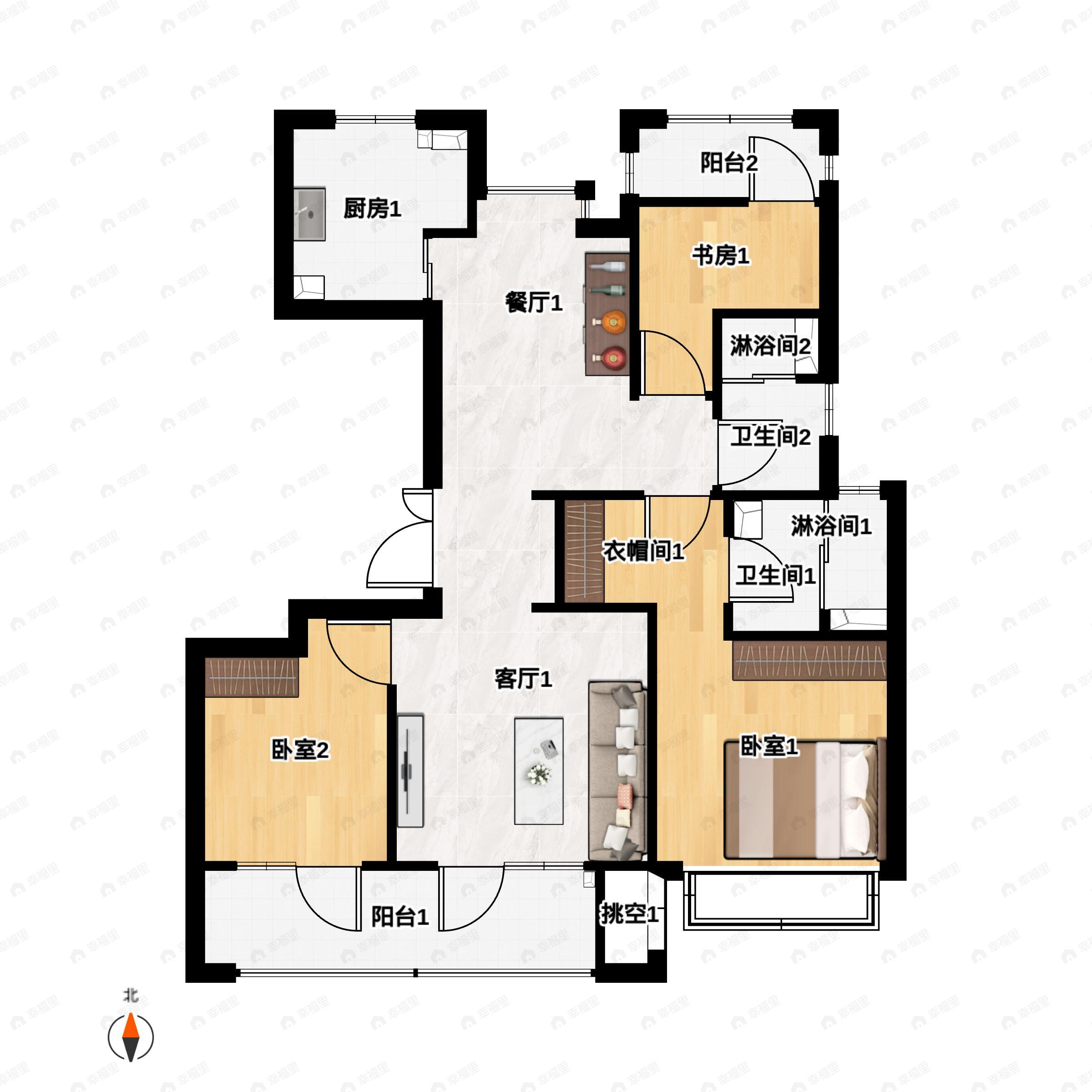 3室2厅2卫建面115m²南户型图