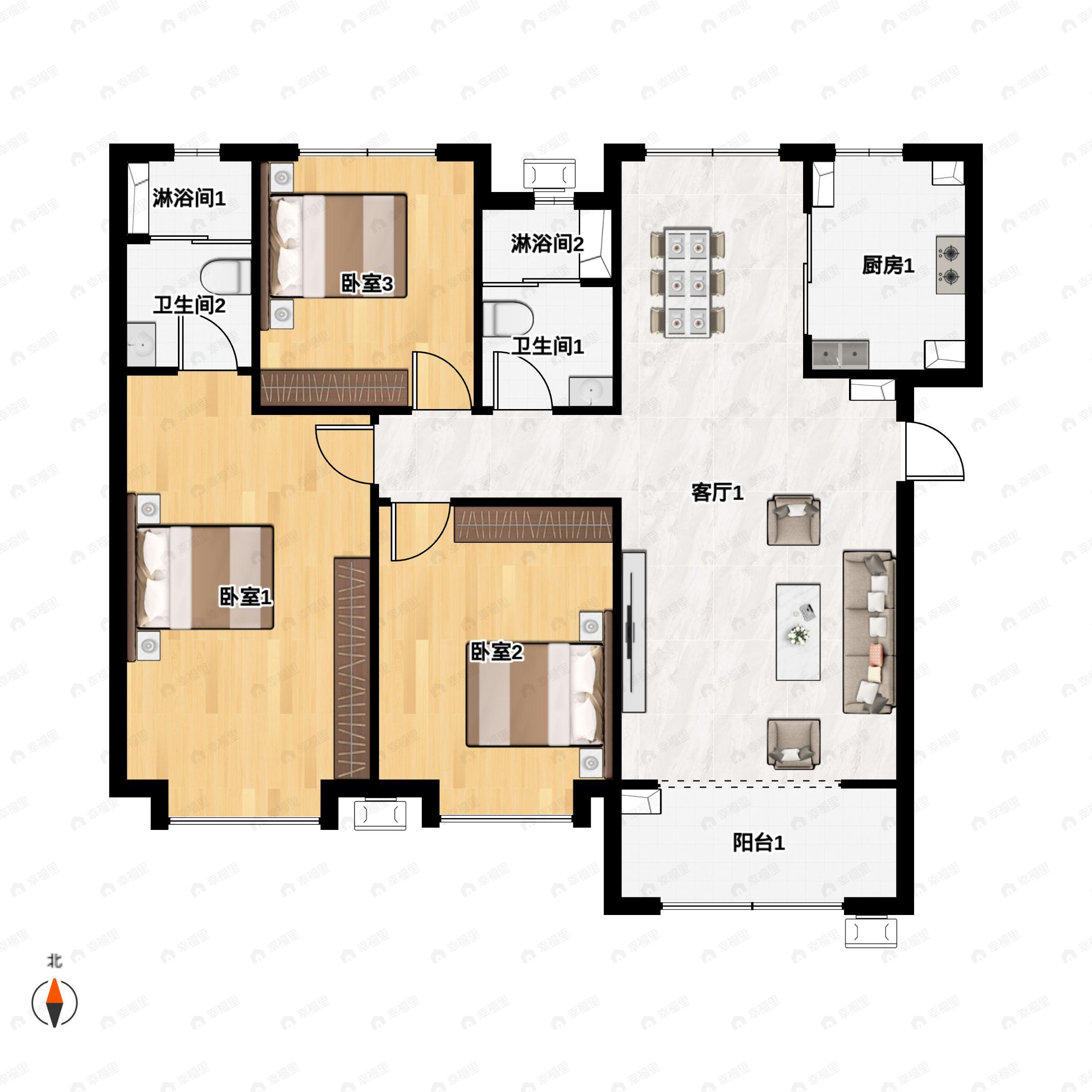 3室2厅2卫建面114平北|南户型图