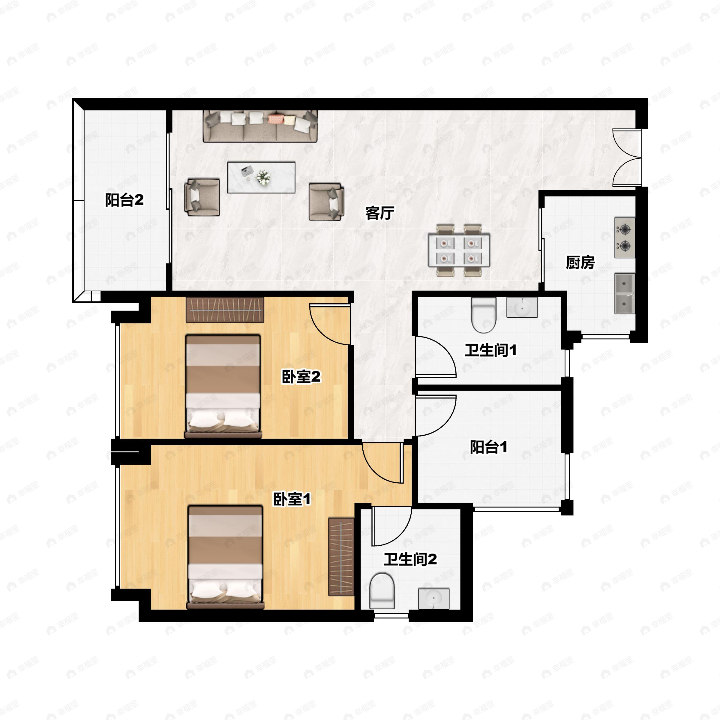 3室2厅2卫建面91平西户型图