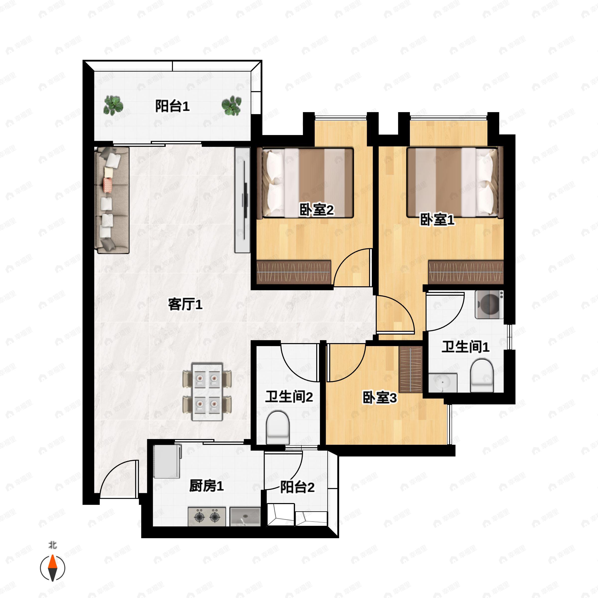 3室2厅2卫建面89平北户型图