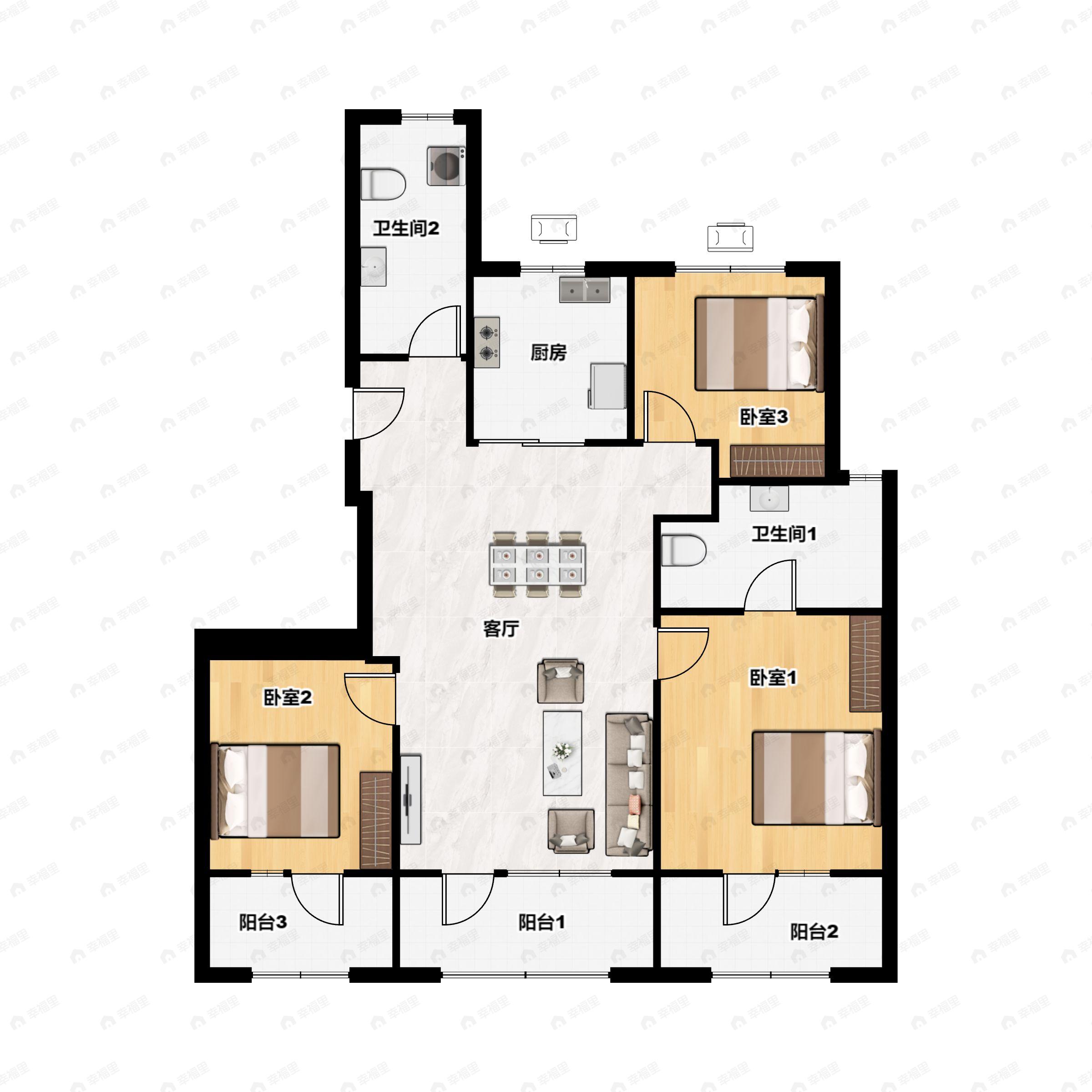 3室2厅2卫建面125m²南|北户型图