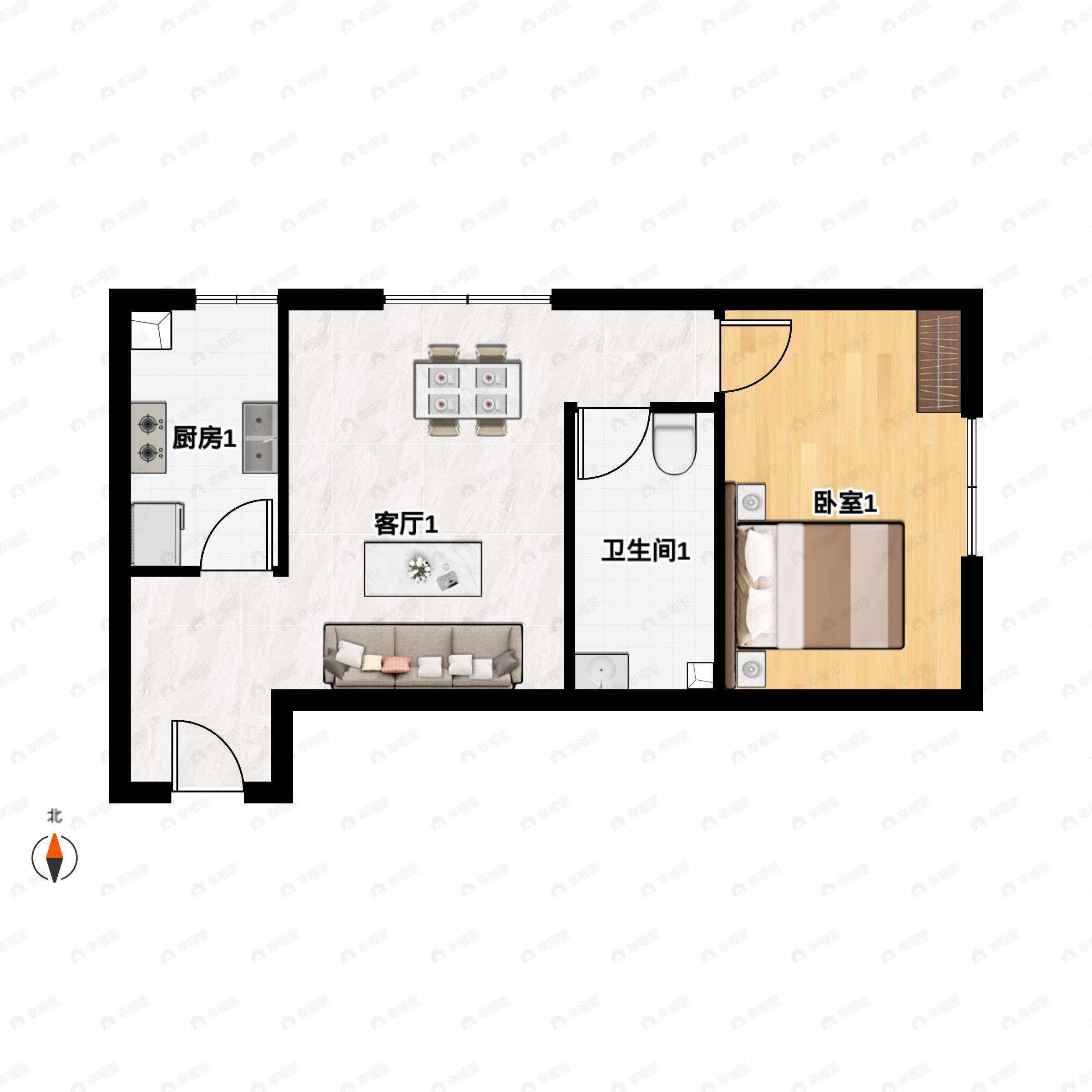 1室1厅1卫建面62平户型图