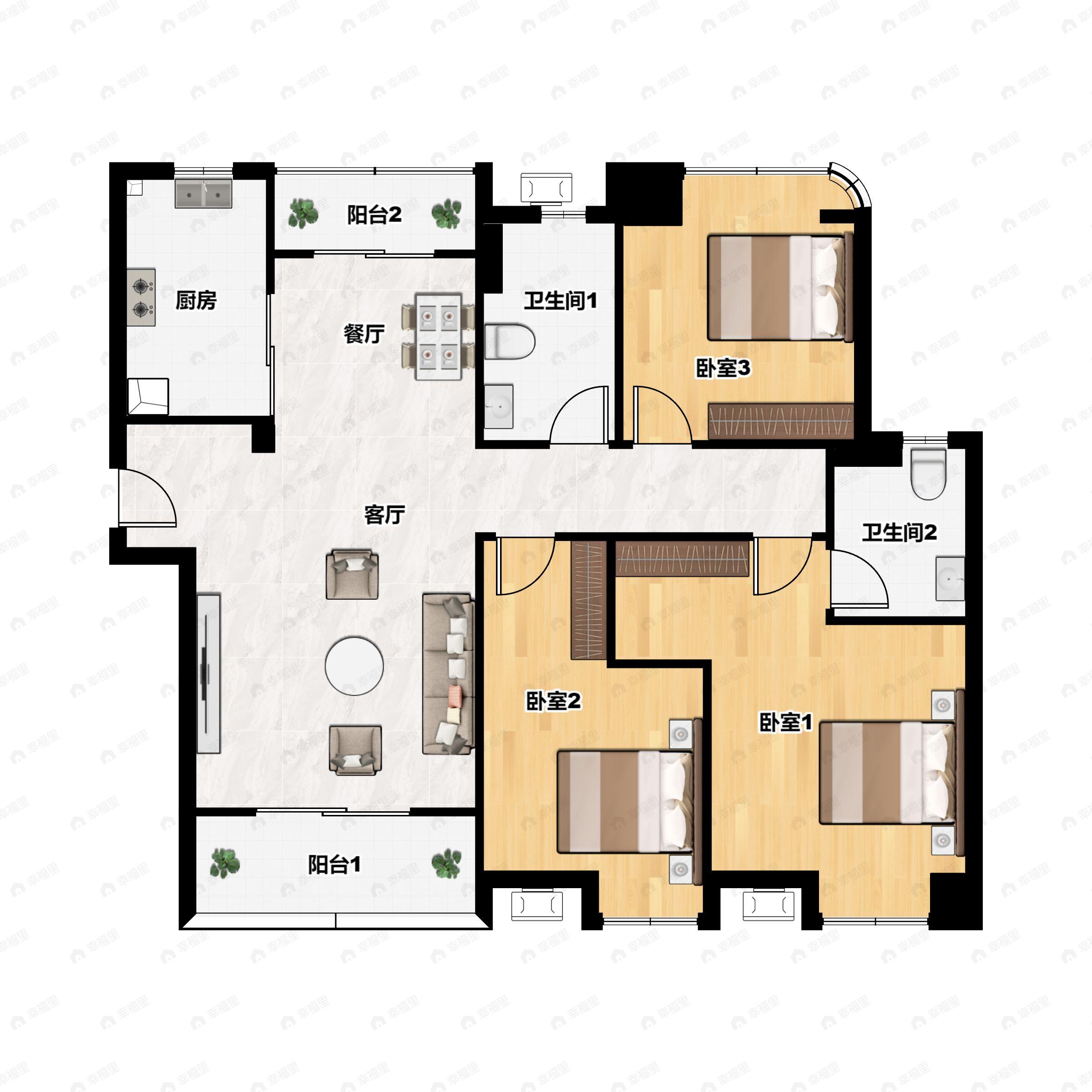 3室2厅2卫建面124平南|北户型图