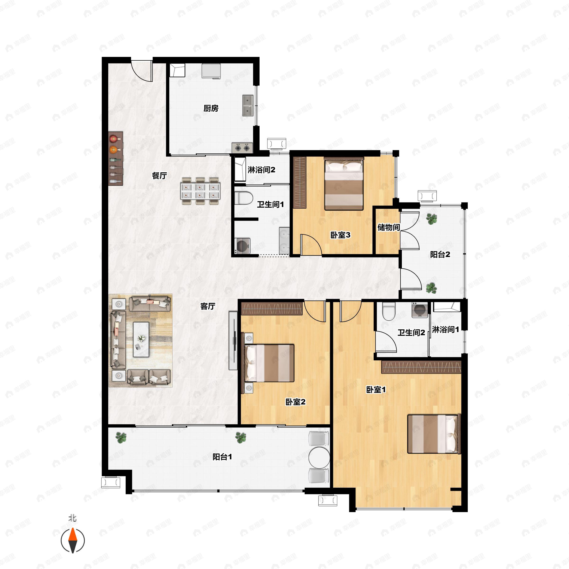 3室2厅2卫建面123平户型图
