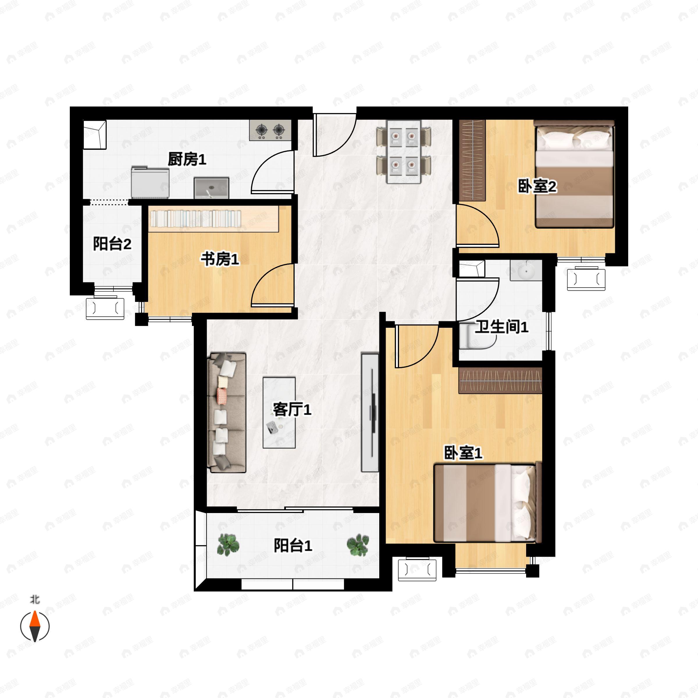 3室2厅1卫建面103m²南户型图