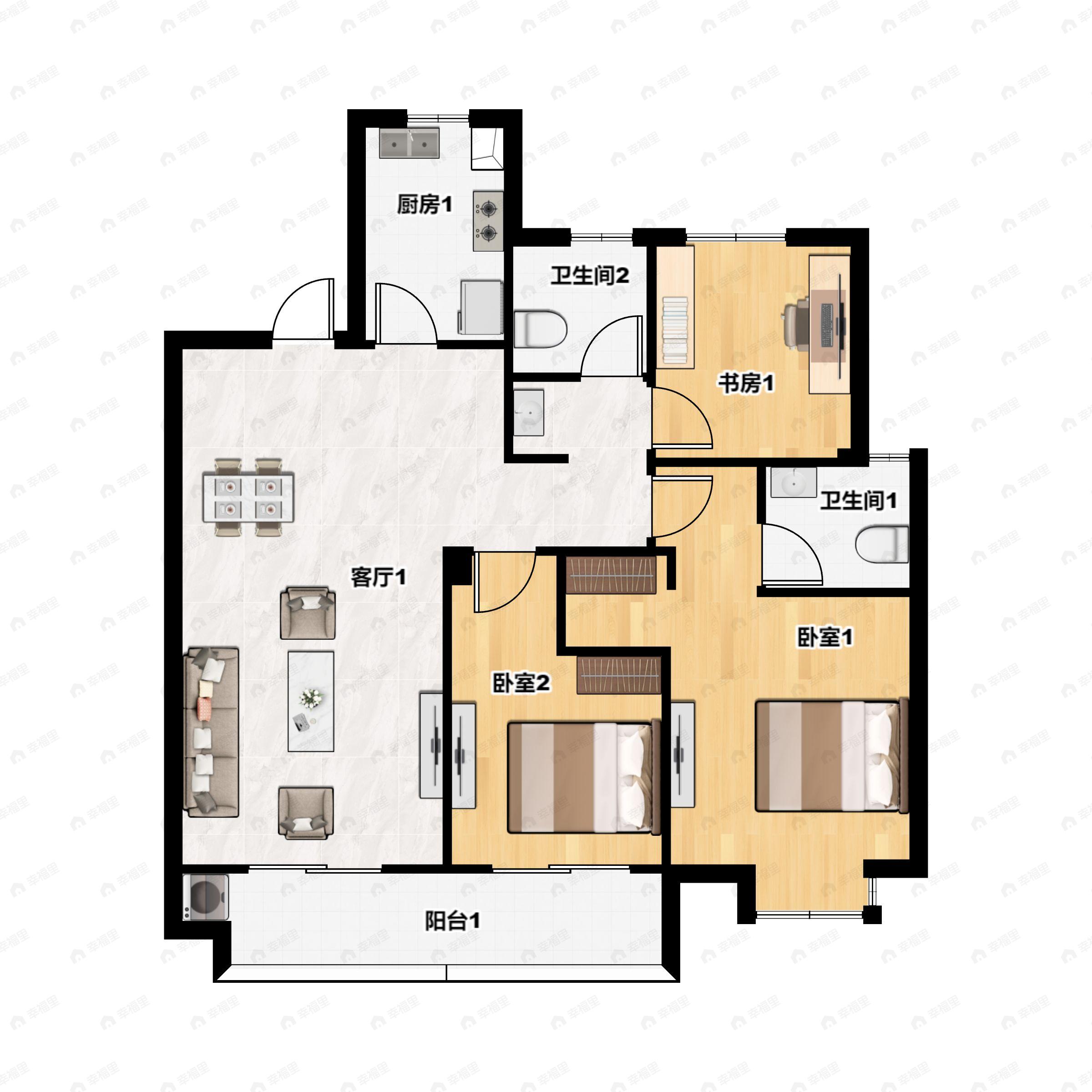 3室2厅2卫建面115m²南户型图