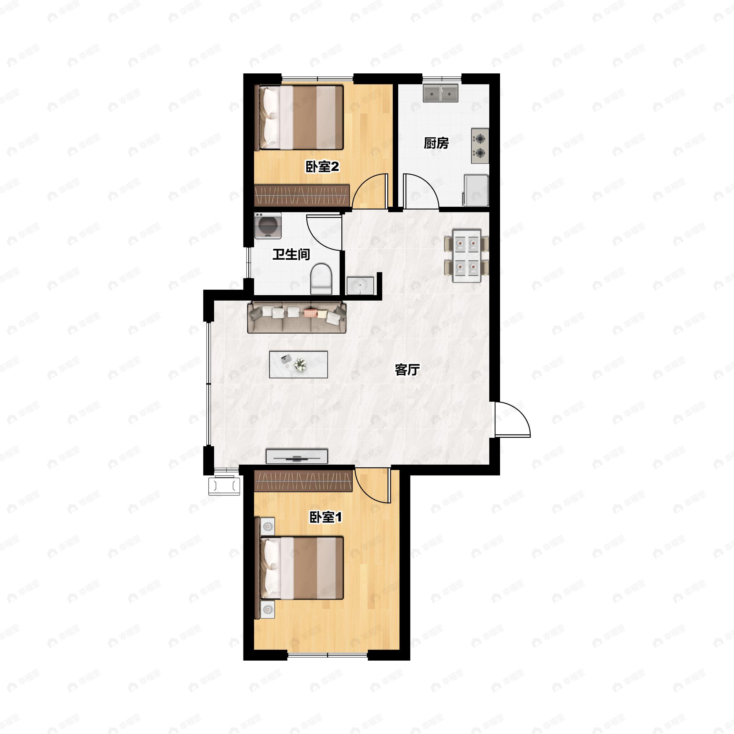2室2厅1卫建面70m²南|北户型图