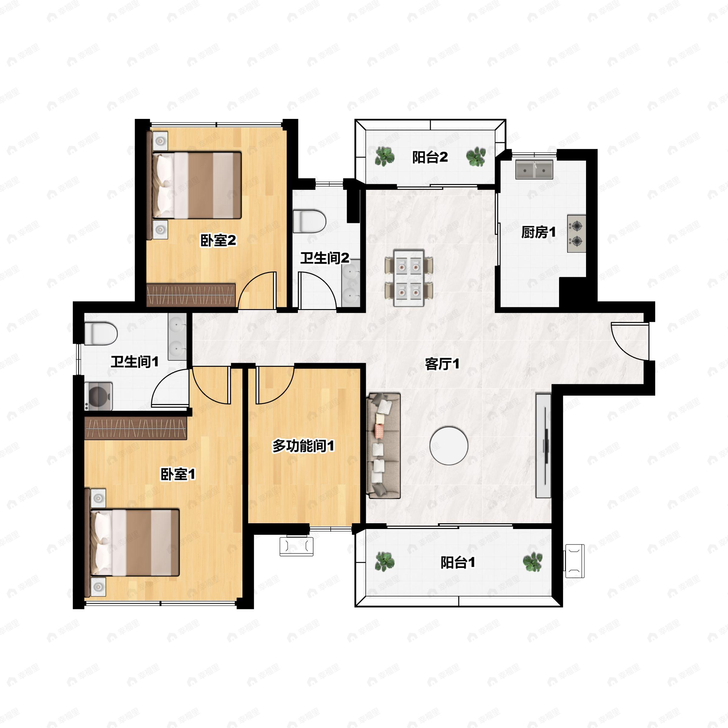 3室2厅2卫建面104m²南户型图