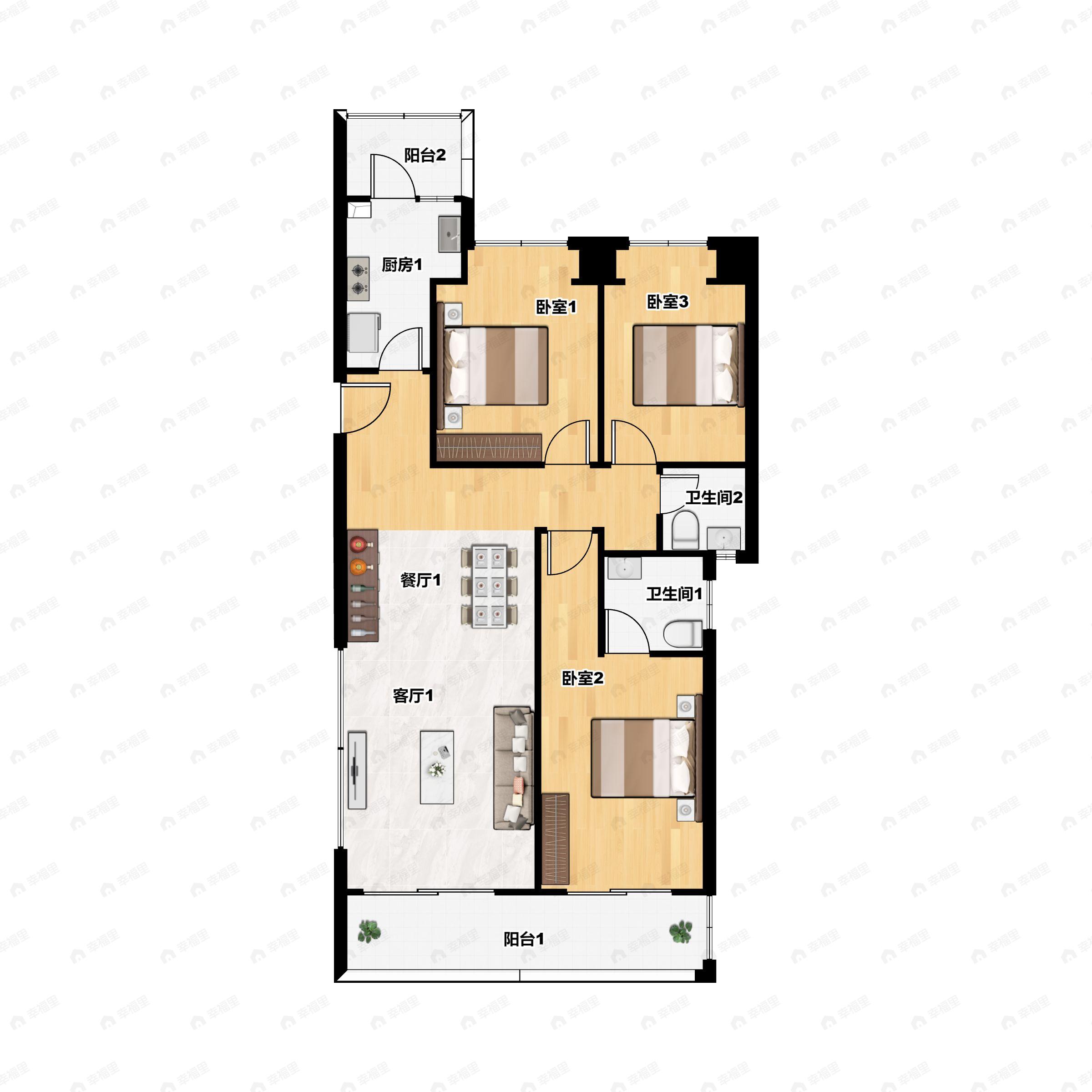 3室2厅2卫建面127m²南户型图