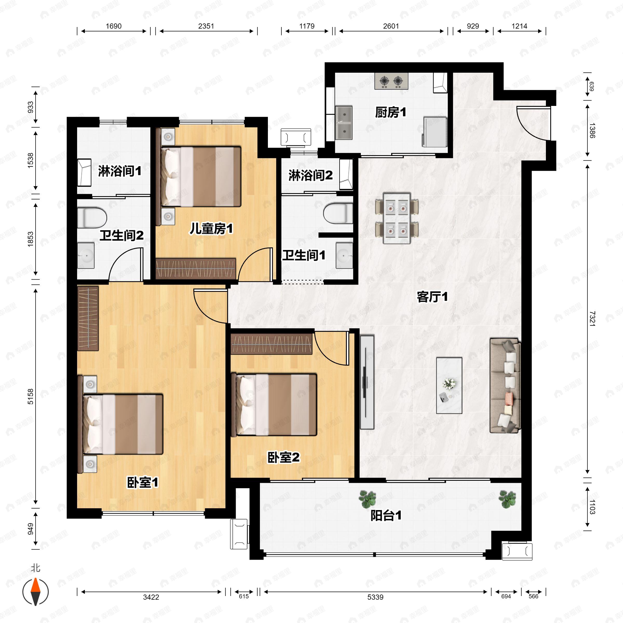 3室2厅2卫建面116平户型图
