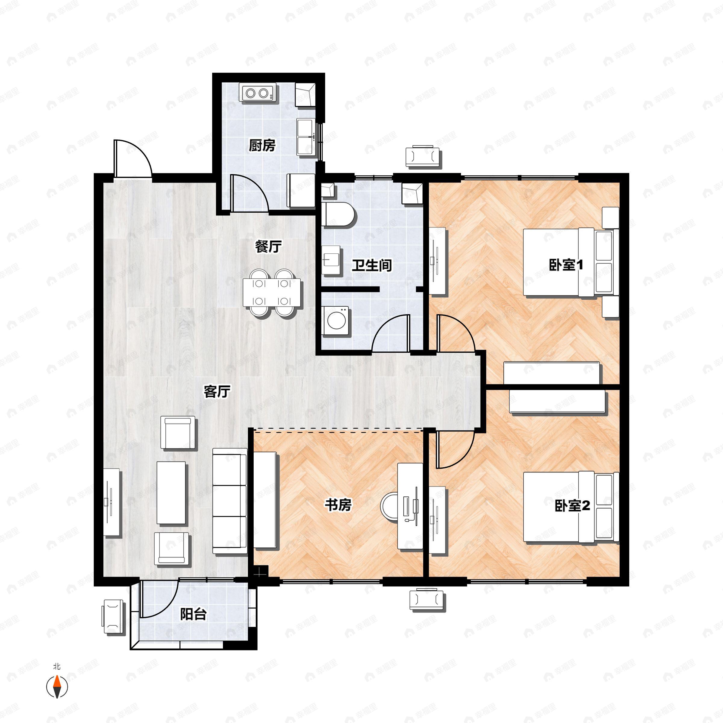 3室2厅1卫建面107平户型图