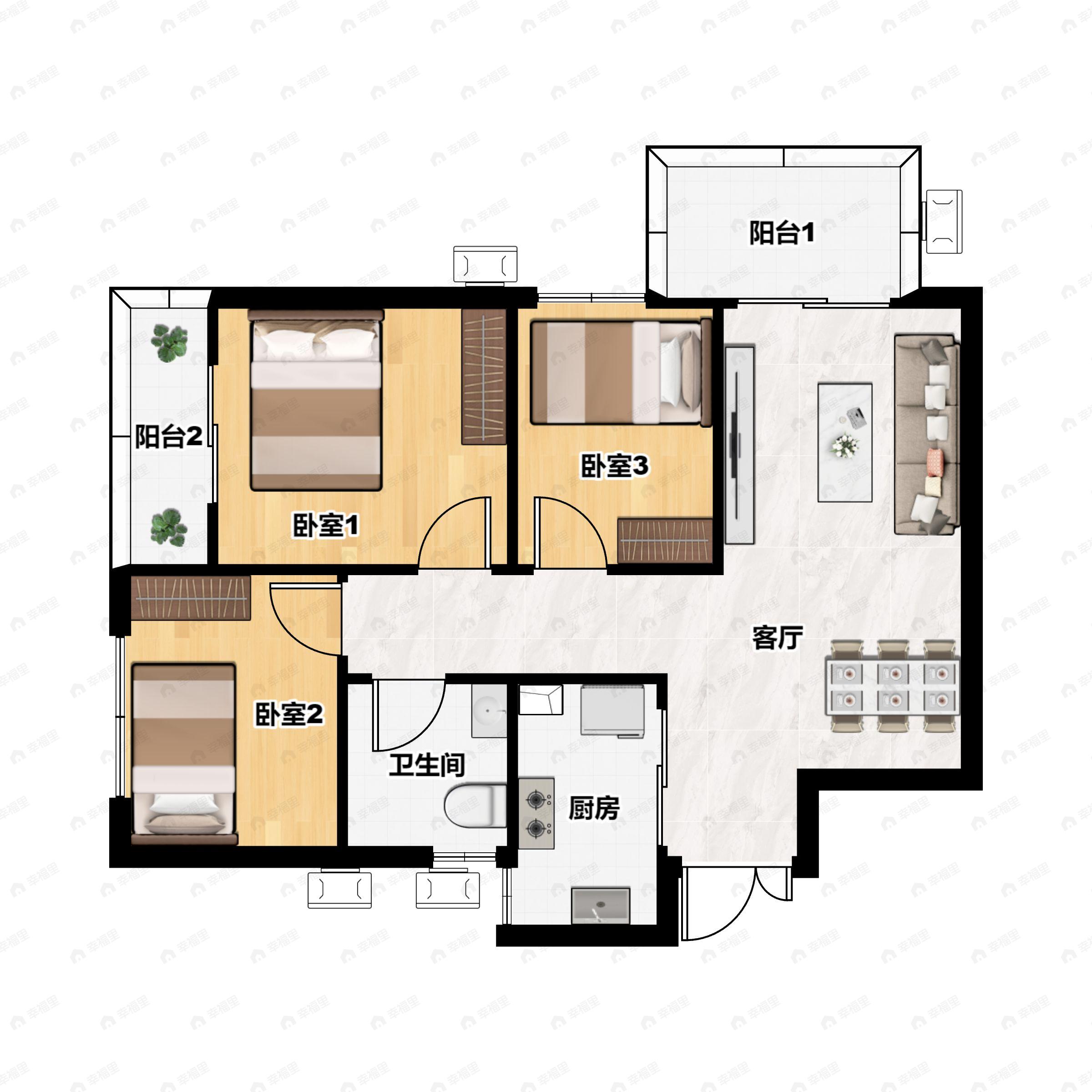3室2厅1卫建面85平户型图