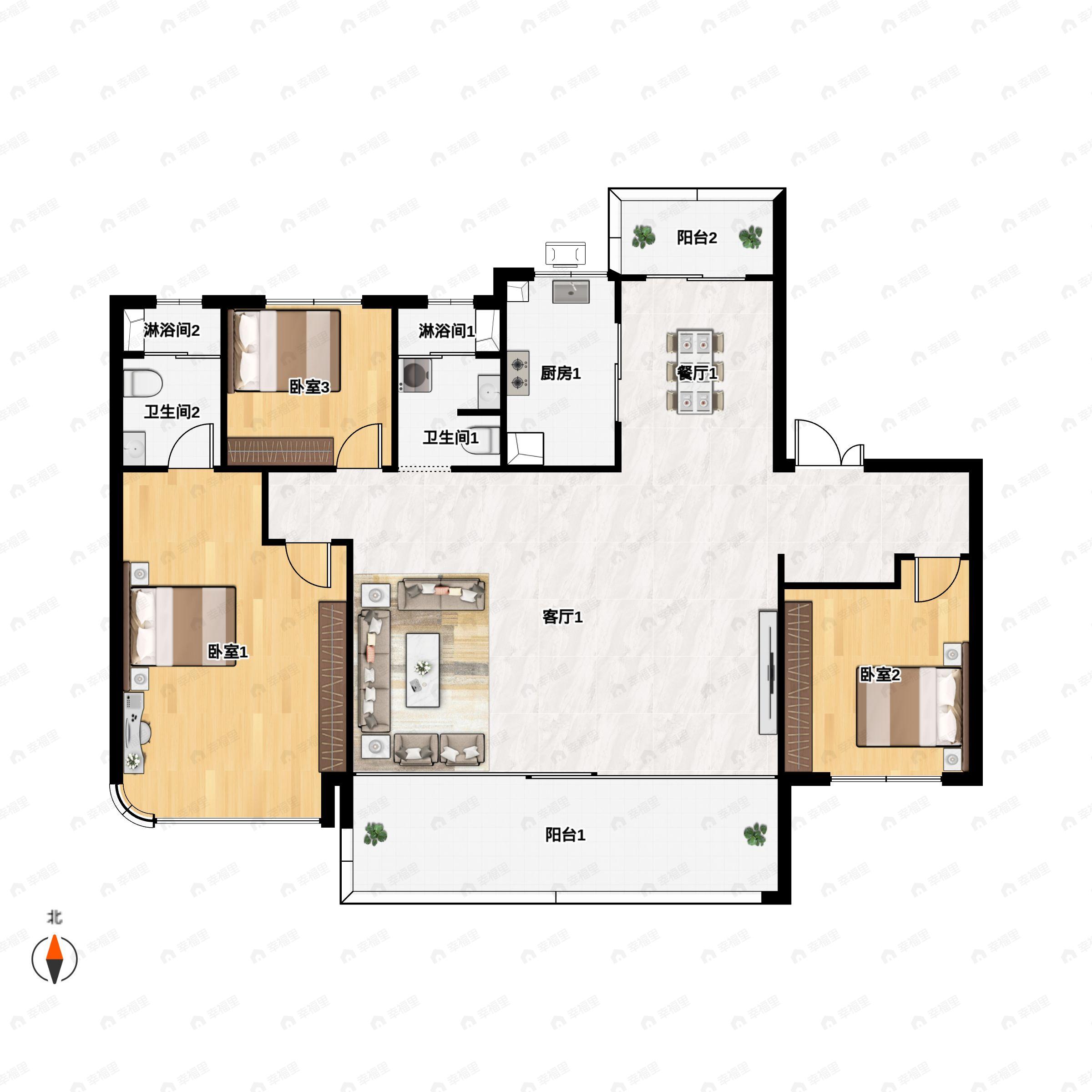 3室2厅2卫建面127平户型图