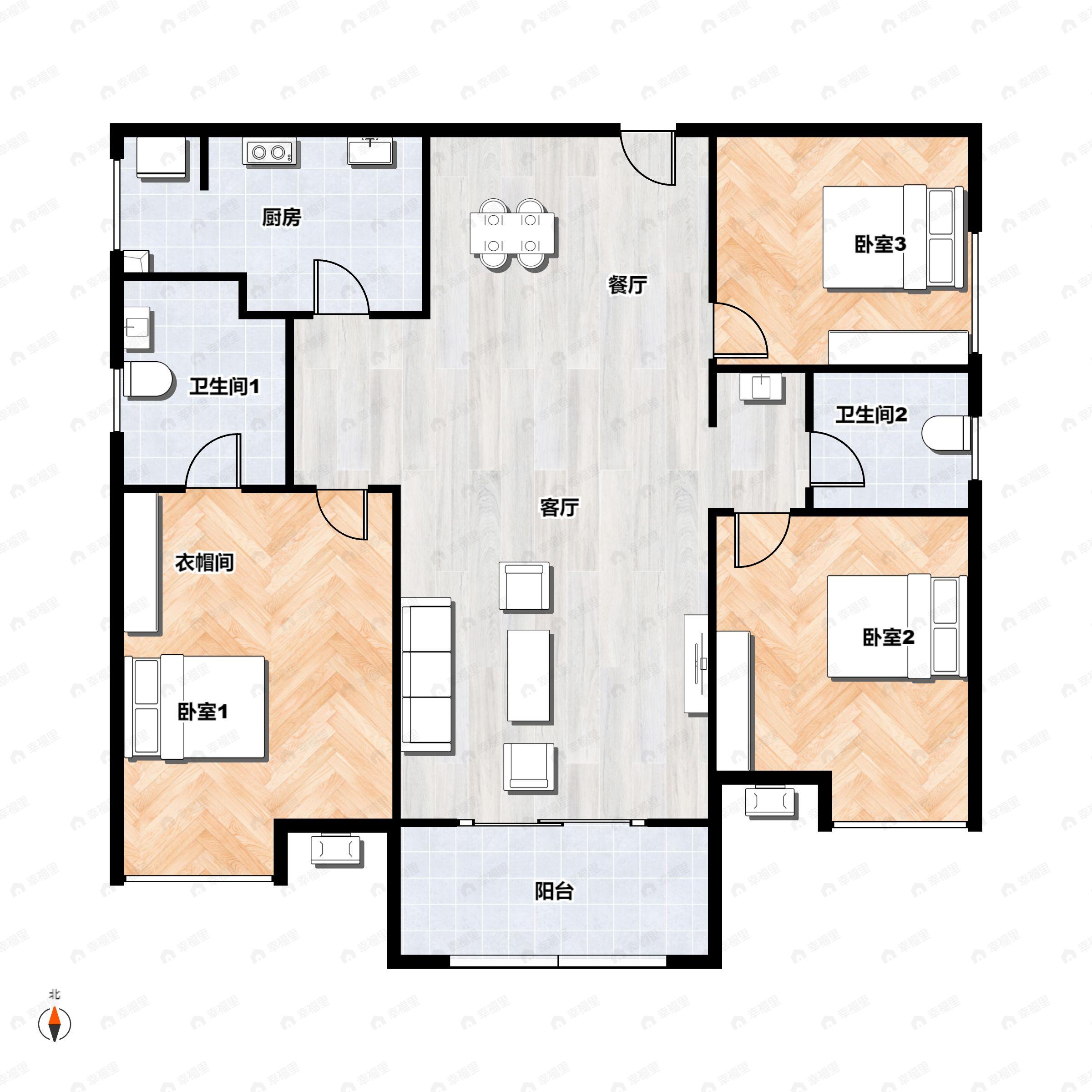 3室2厅2卫建面114平户型图