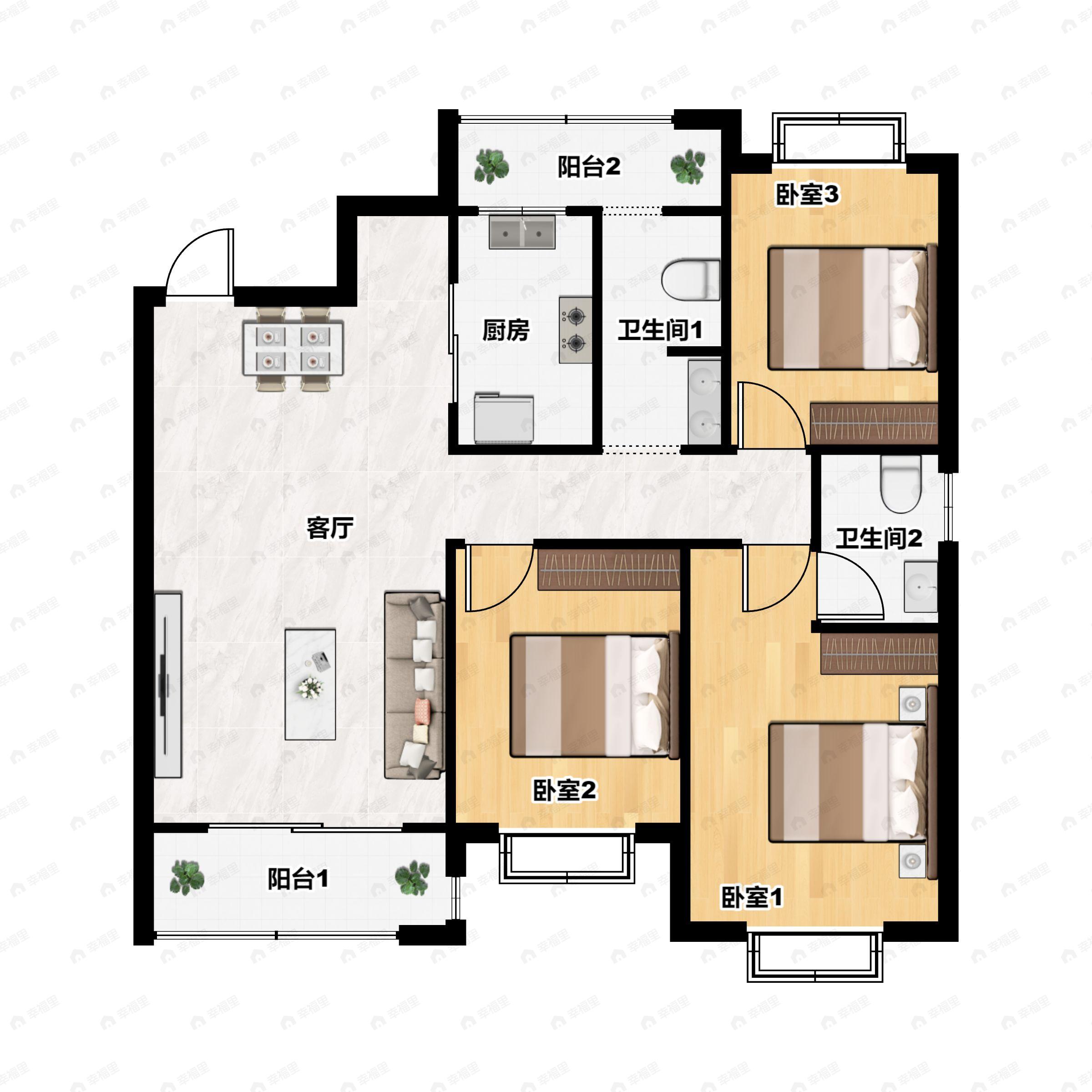 3室2厅2卫建面134m²南户型图