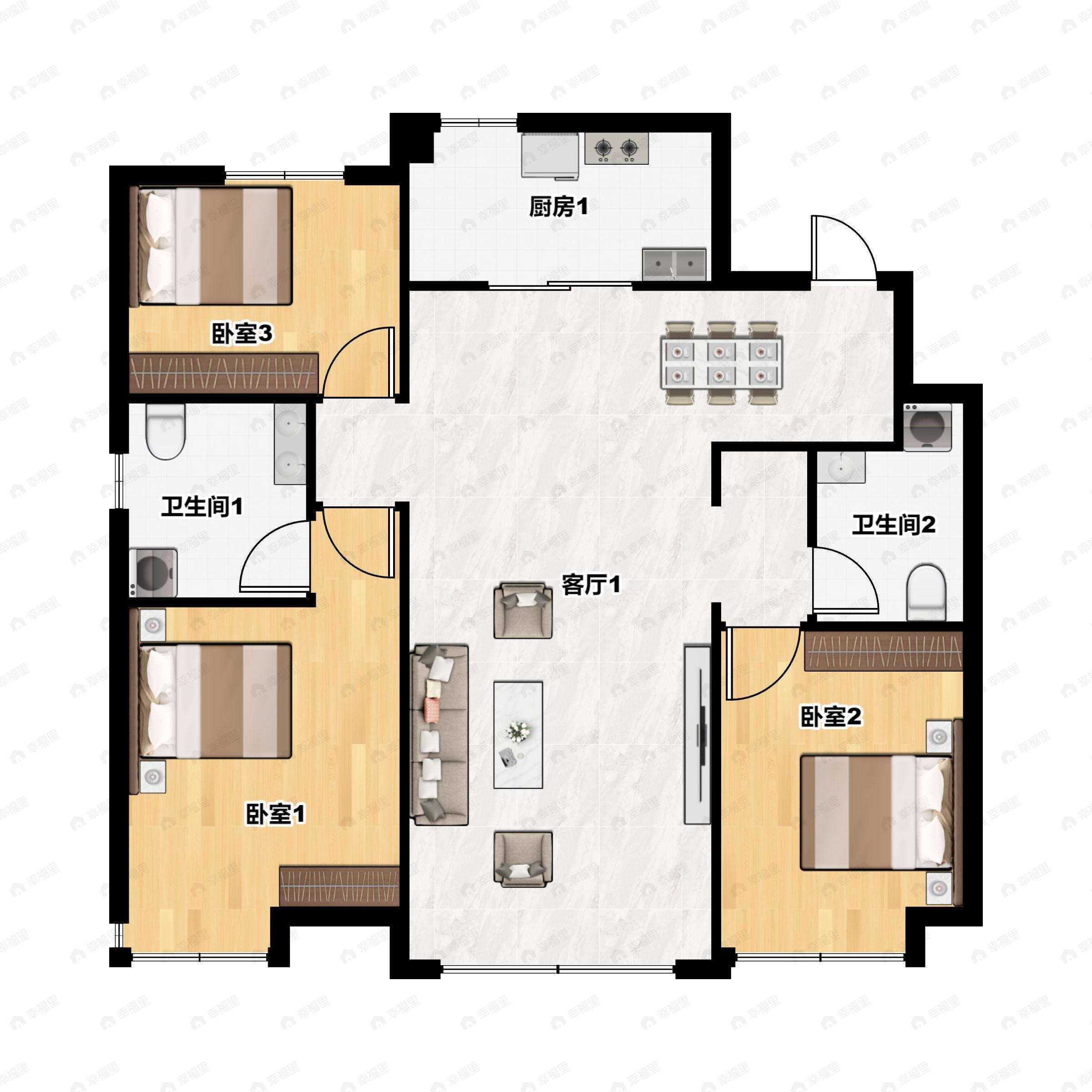 3室2厅2卫建面125平南户型图