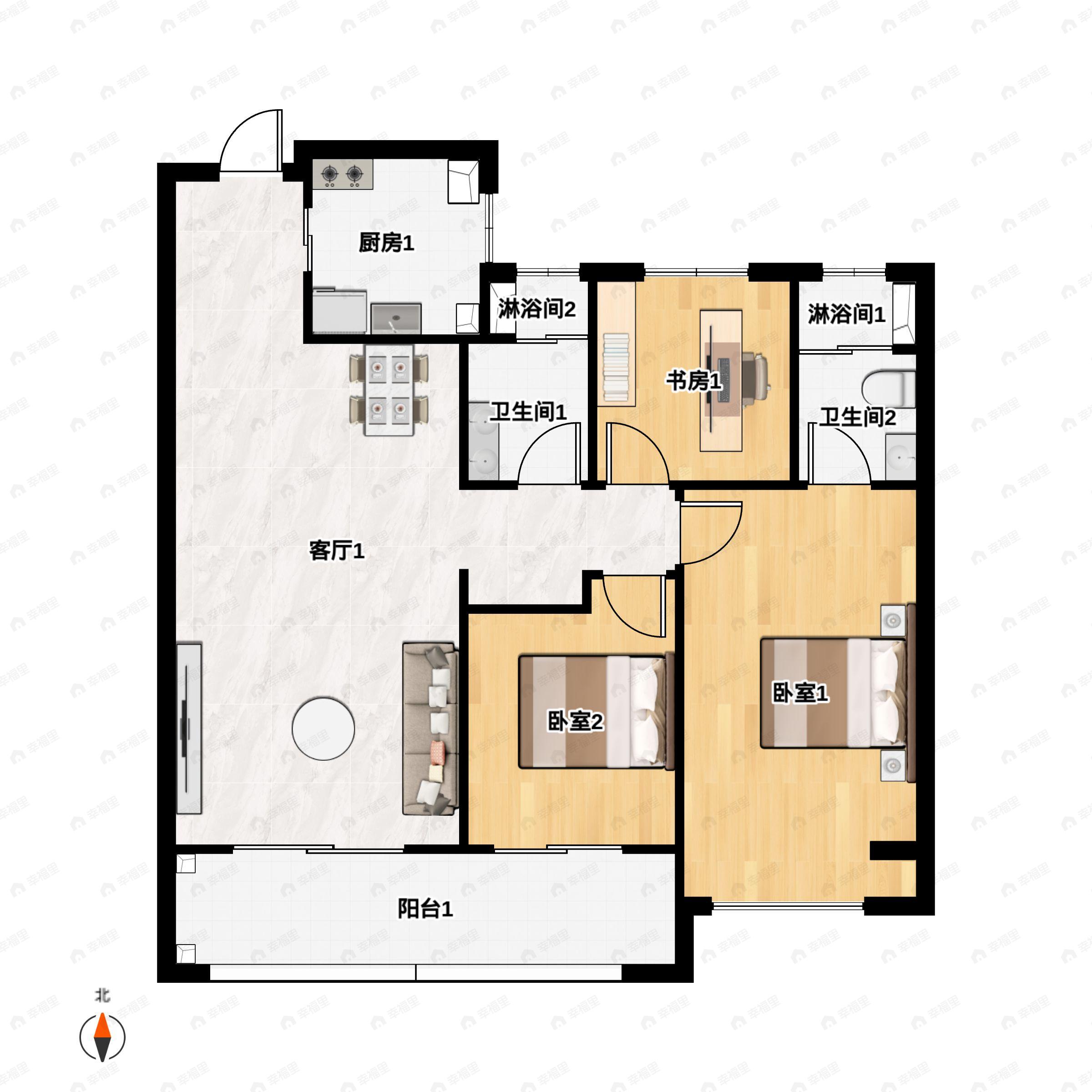 3室2厅2卫建面122平户型图