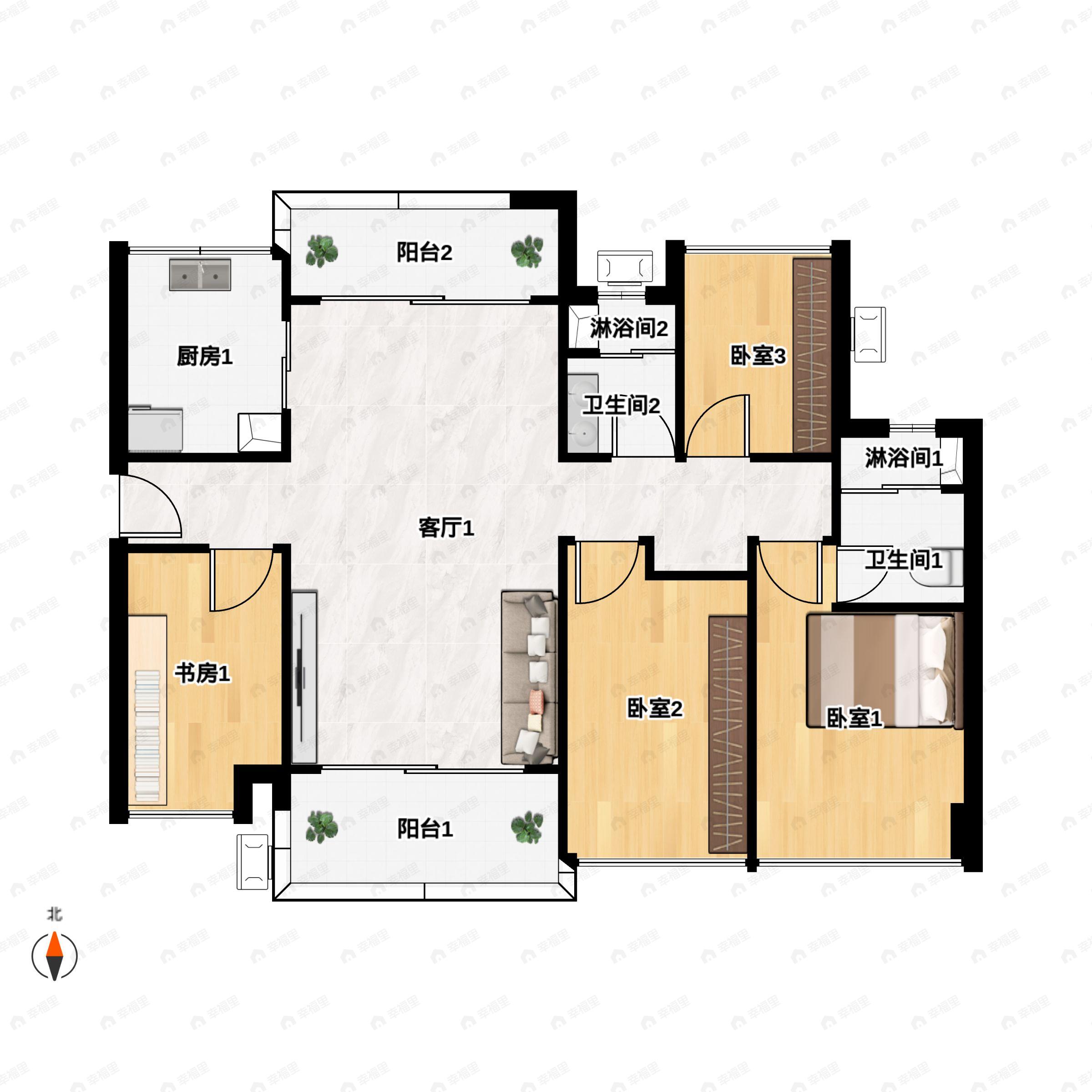 4室2厅2卫建面124平南|北户型图