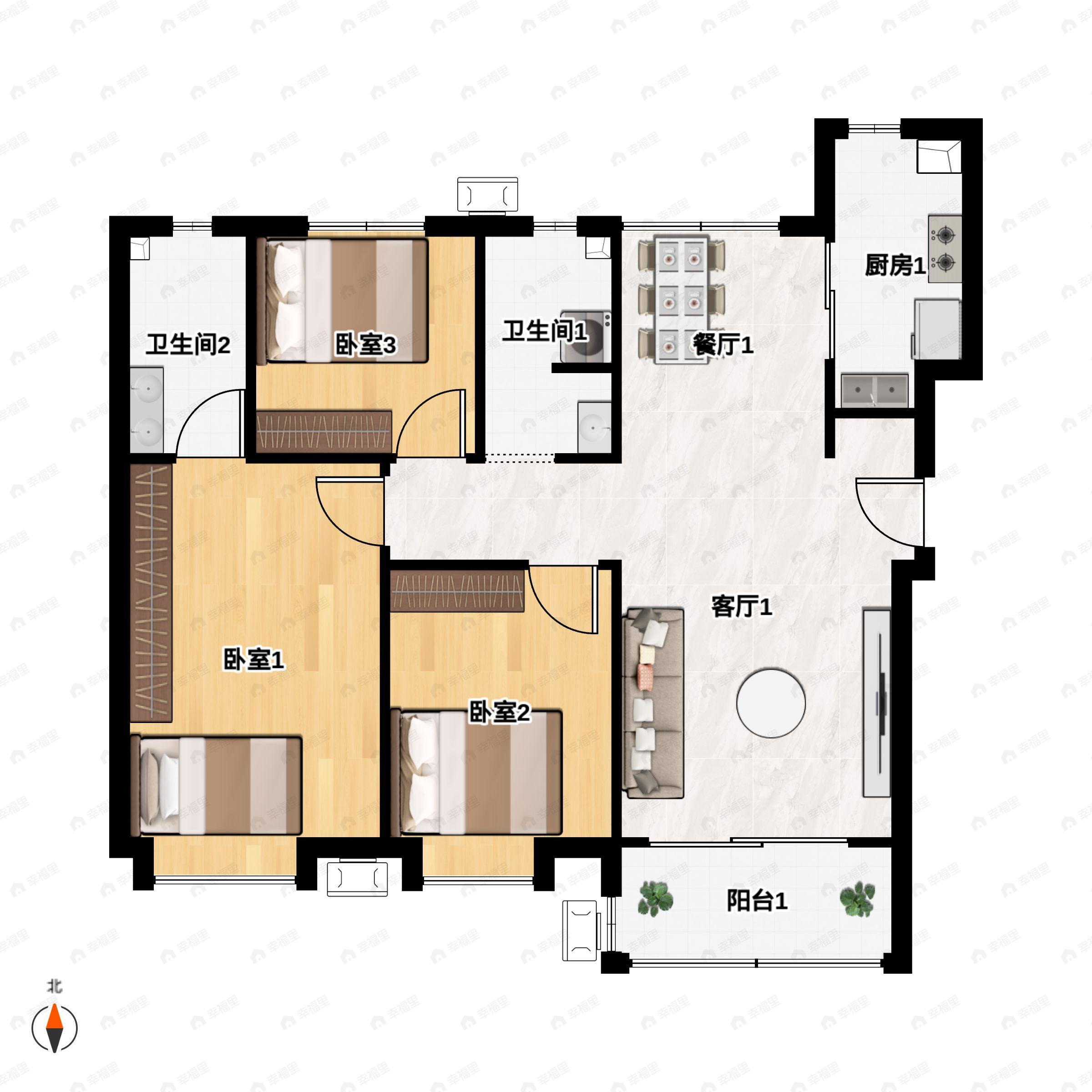 3室2厅2卫建面120m²北|南户型图