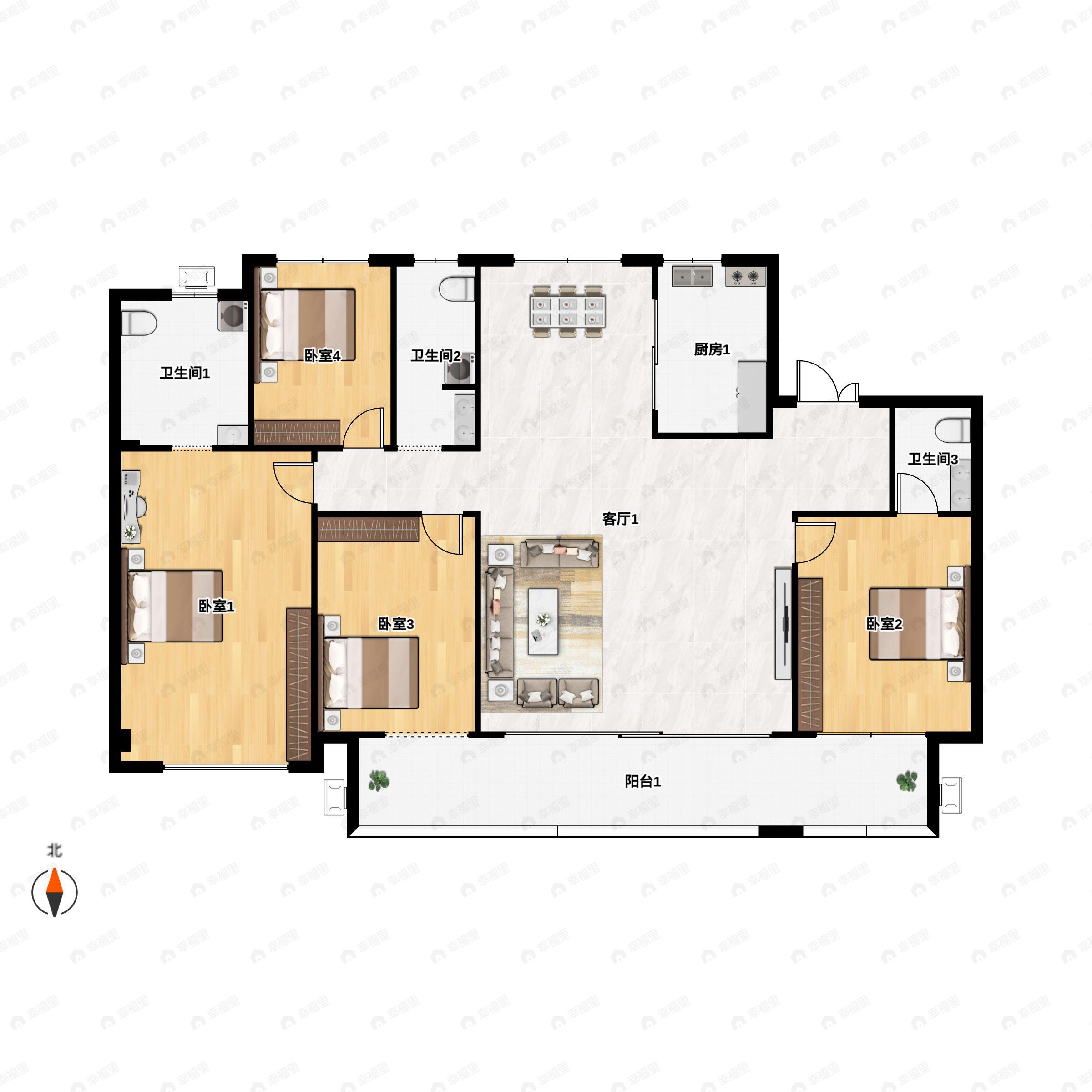 4室2厅3卫建面185平北|南户型图