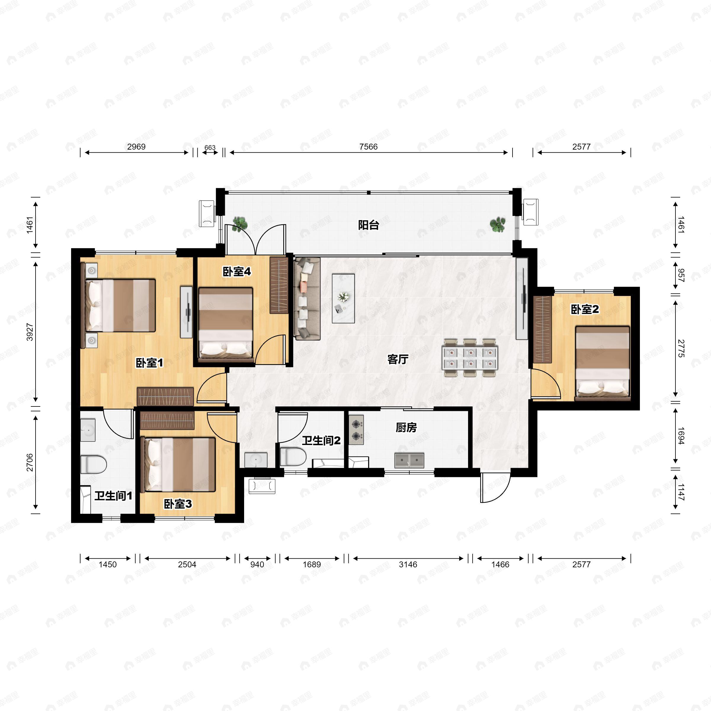 4室2厅2卫建面142平西南|北|东户型图