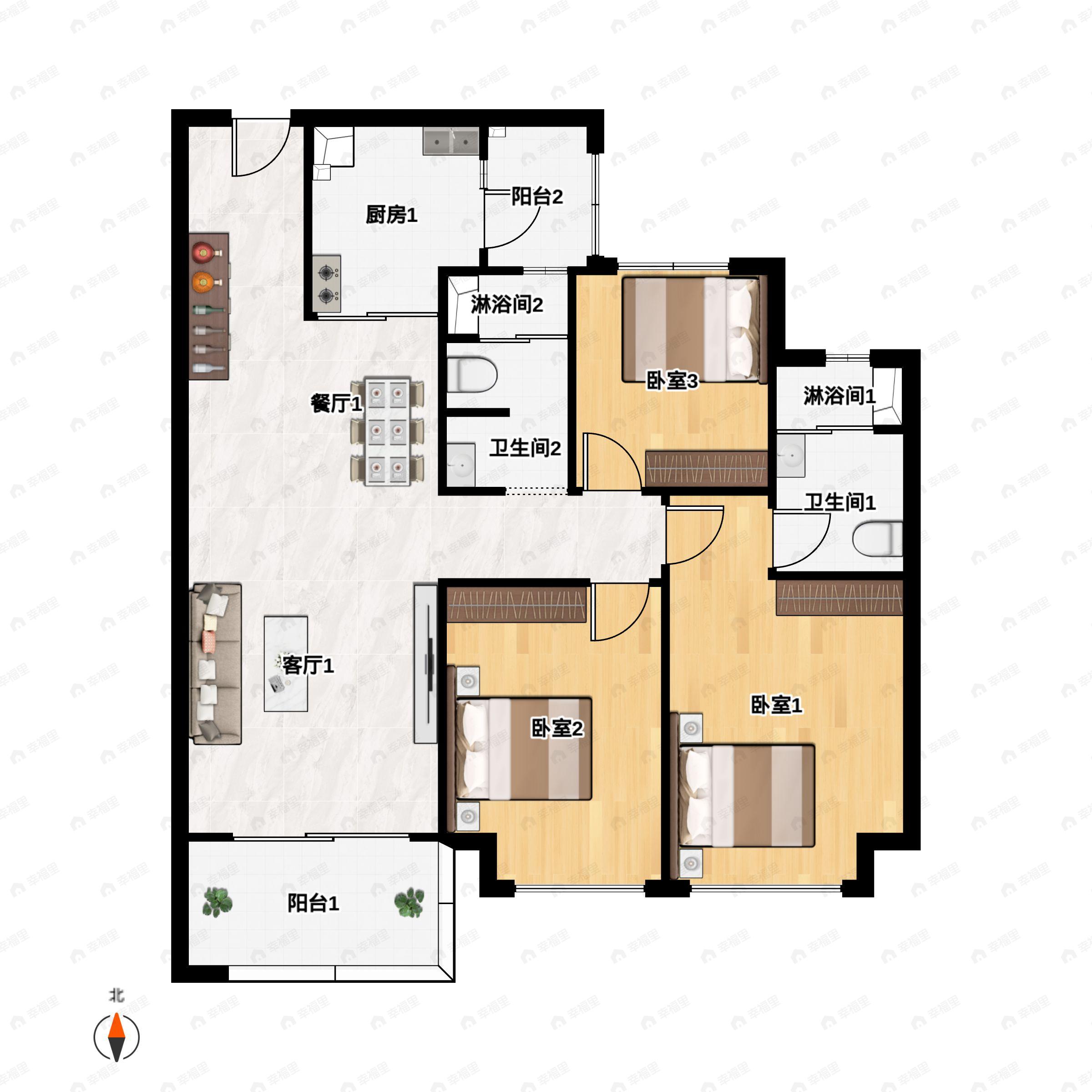 3室2厅2卫建面109m²南户型图