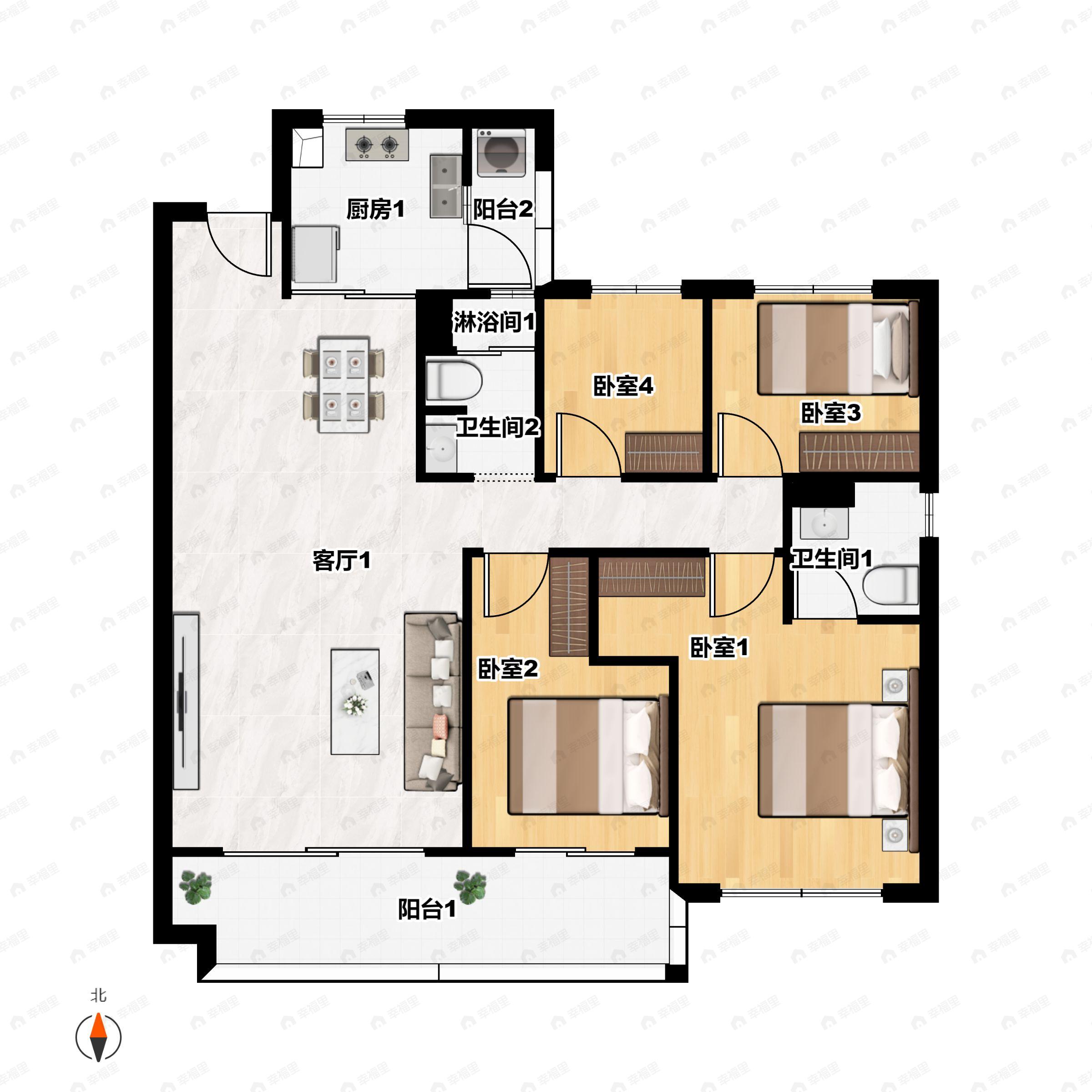 4室2厅2卫建面142平南户型图