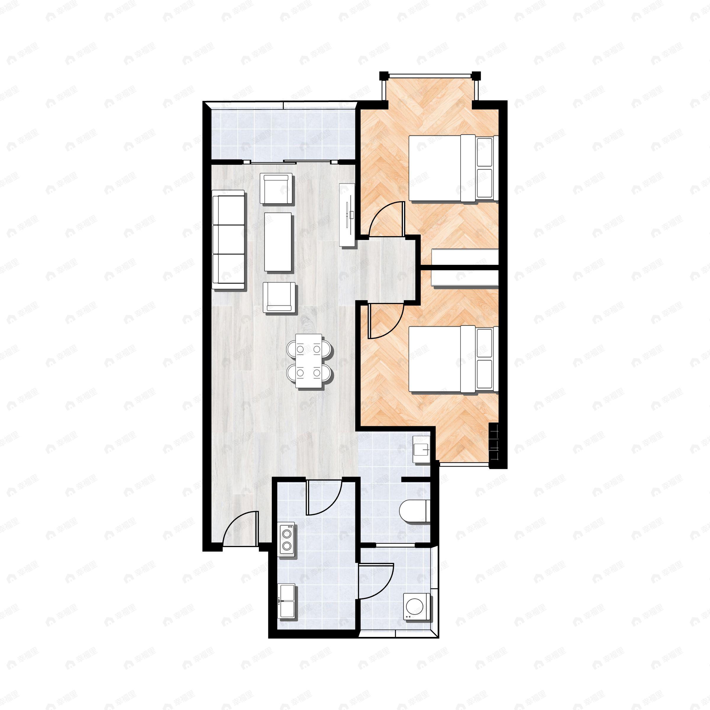 2室2厅1卫建面62平东|西户型图
