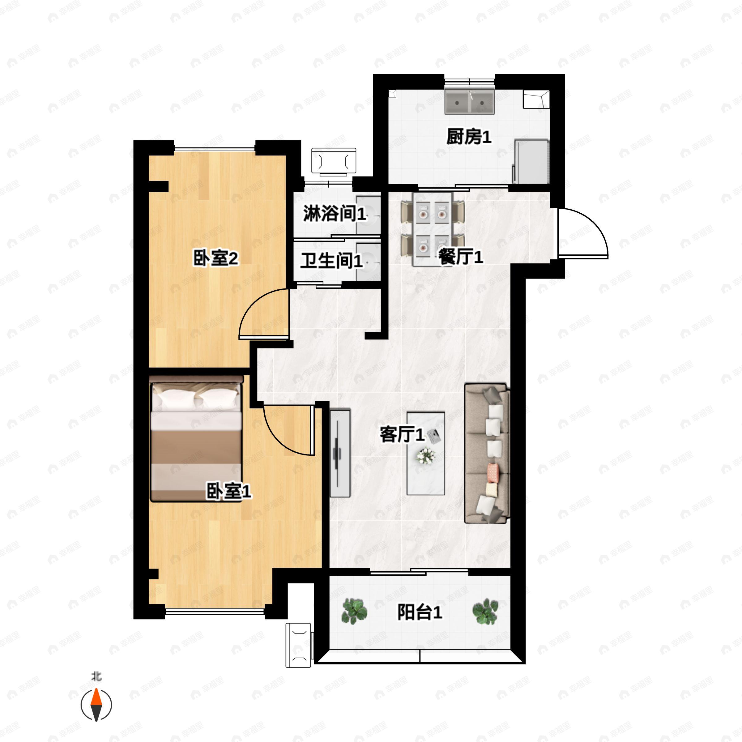 2室2厅1卫建面80m²南户型图