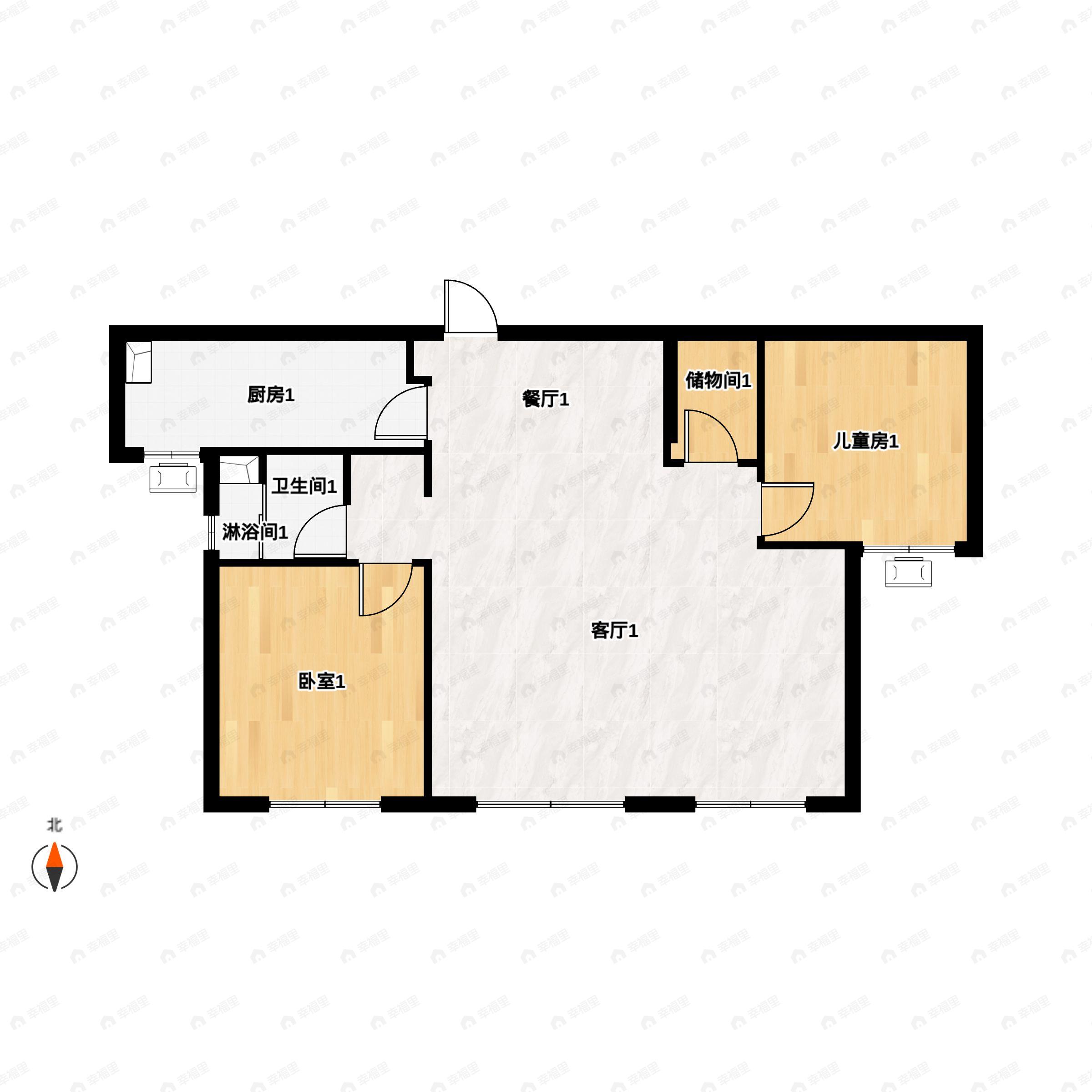 2室3厅1卫建面105m²南|北户型图