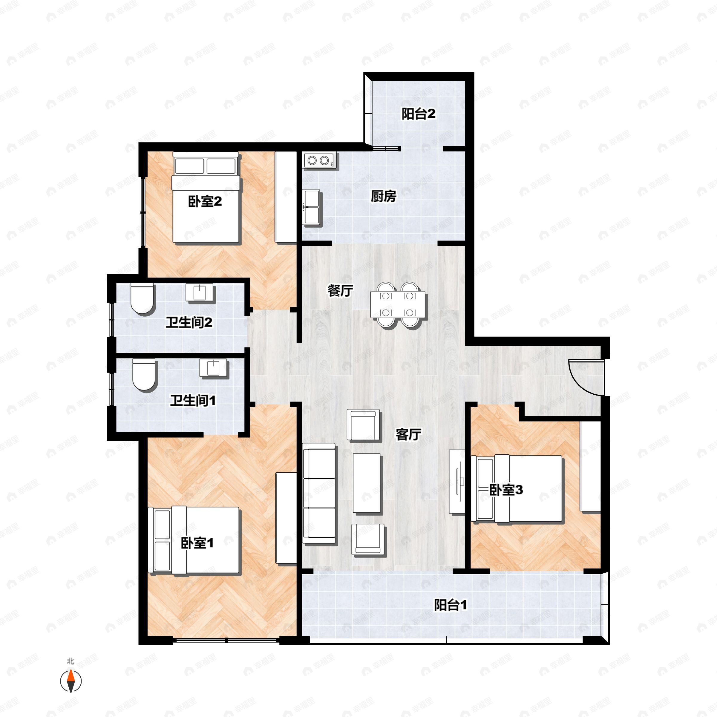 3室2厅2卫建面123平户型图